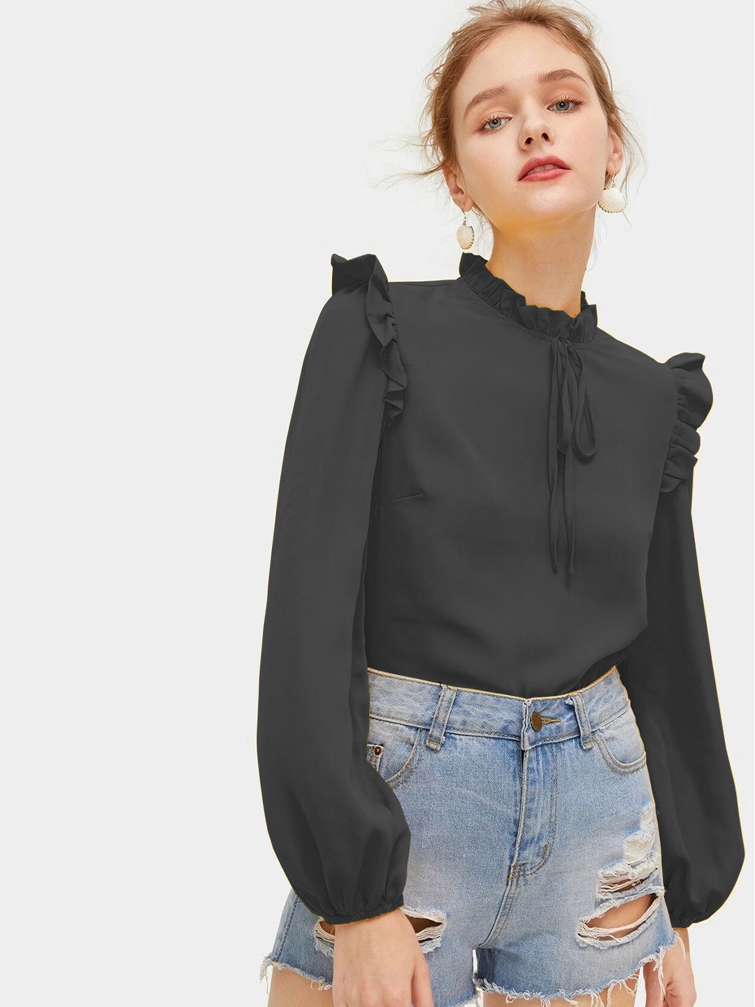 

Tishani Solid Black Tie-Up Neck Frills Detail Top