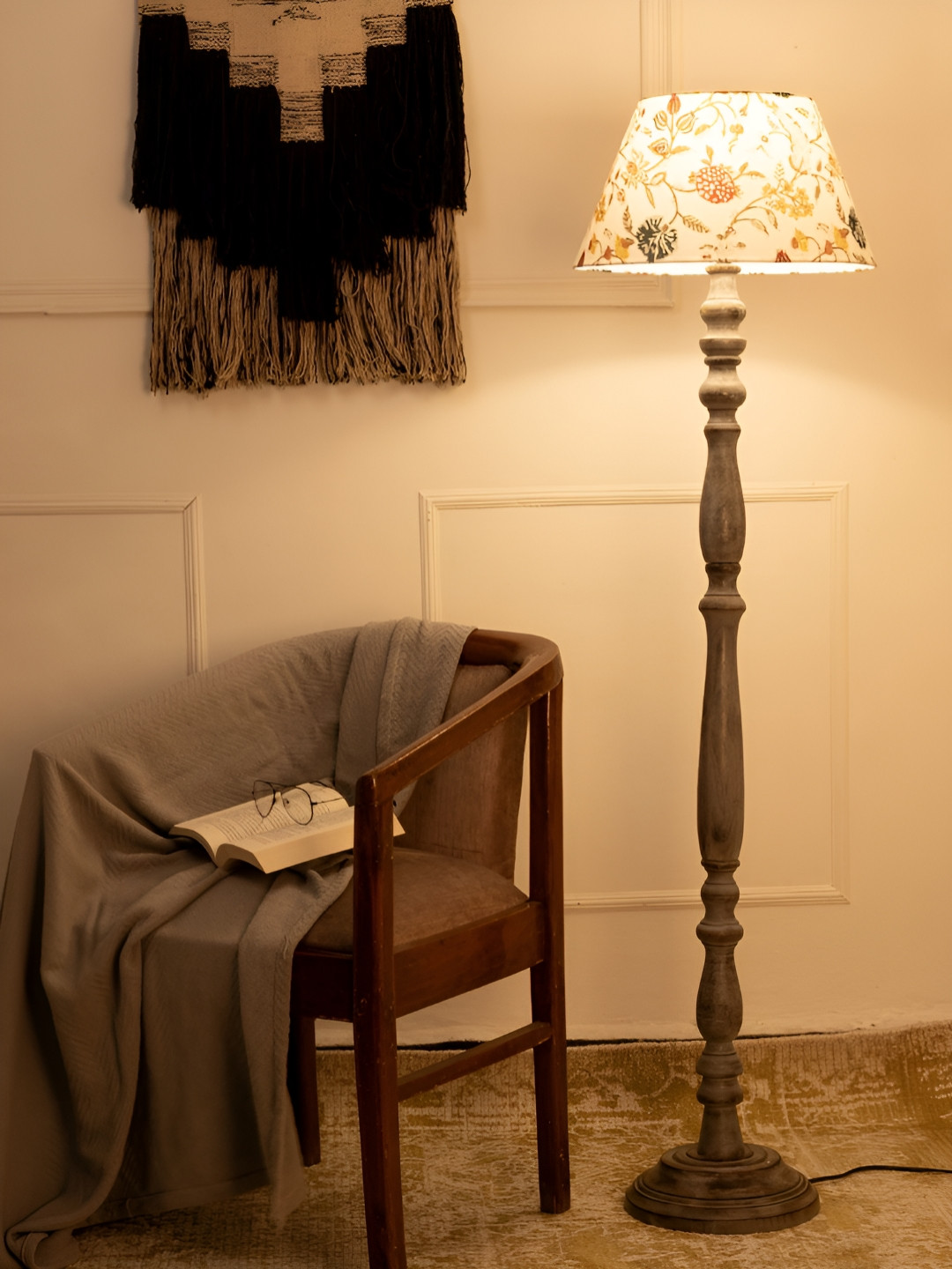 

green girgit White & Grey Floral Printed Wooden Frustum Shaped Floor Lamp