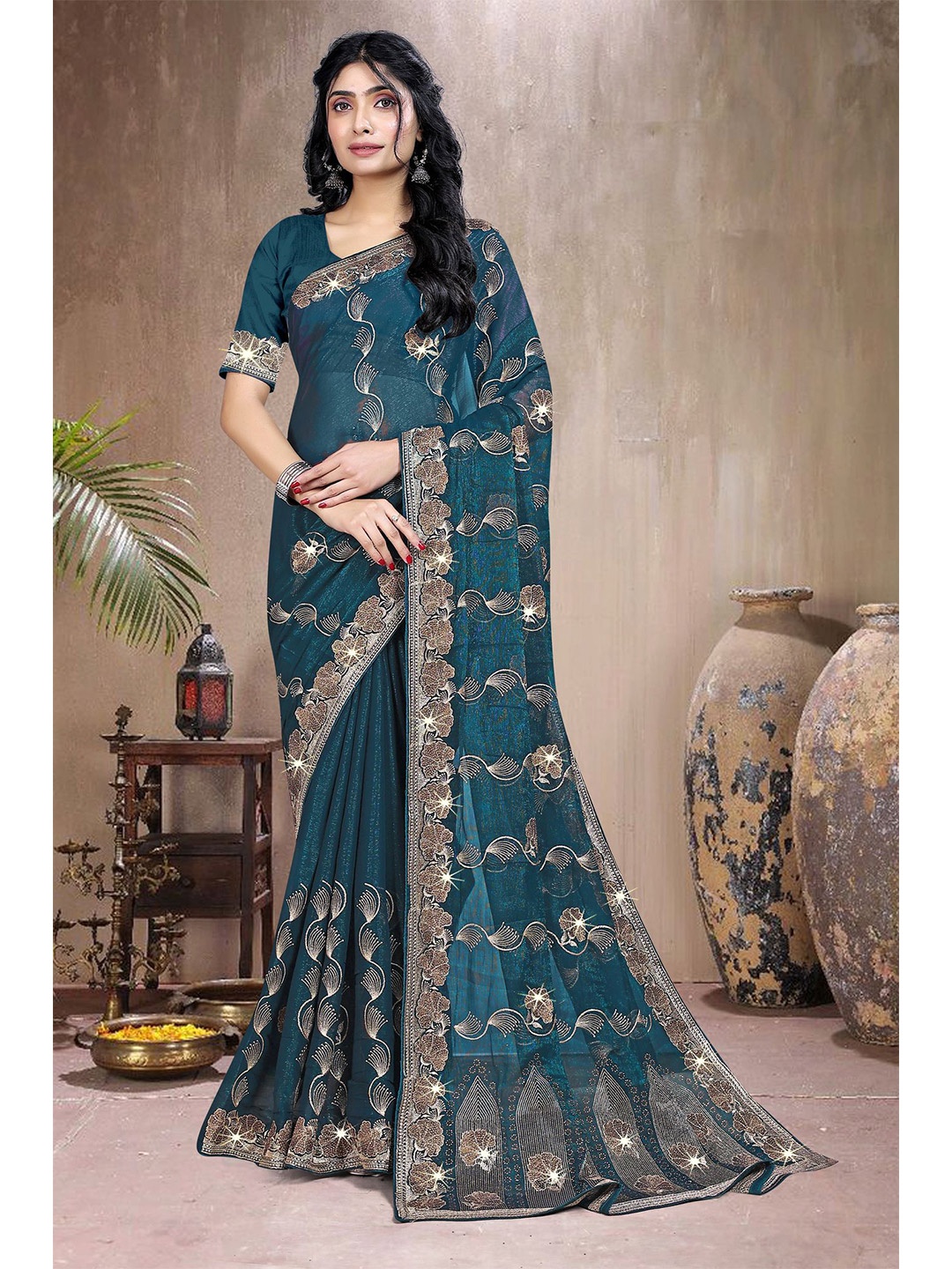

ANJANI TEXTILE Ethnic Motifs Beads and Stones Tissue Saree, Turquoise blue
