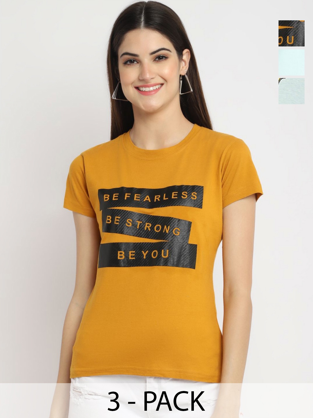 

Dreambe Women Pack of 3 Typography Printed Round Neck Cotton T-shirts, Mustard