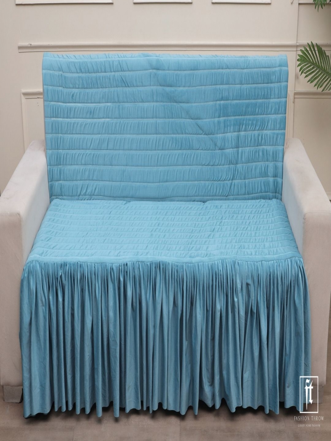 

Fashion Throw Turquoise Blue Self Design Velvet 3 Seater Sofa Cover