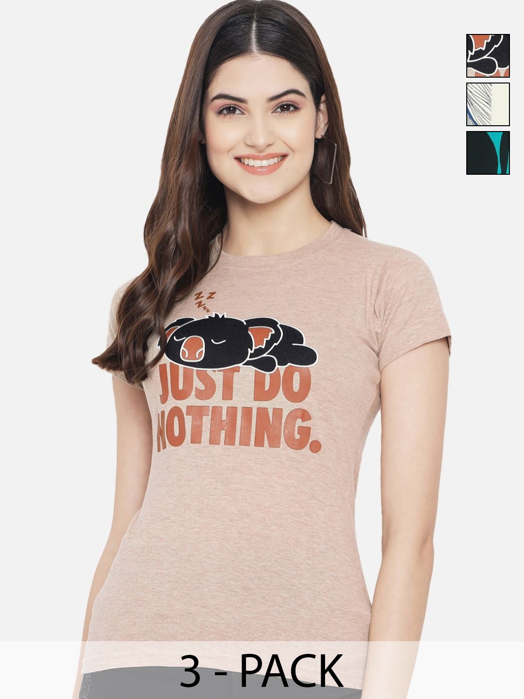 

Dreambe Pack Of 3 Typographic Printed Round Neck T-shirt, Brown