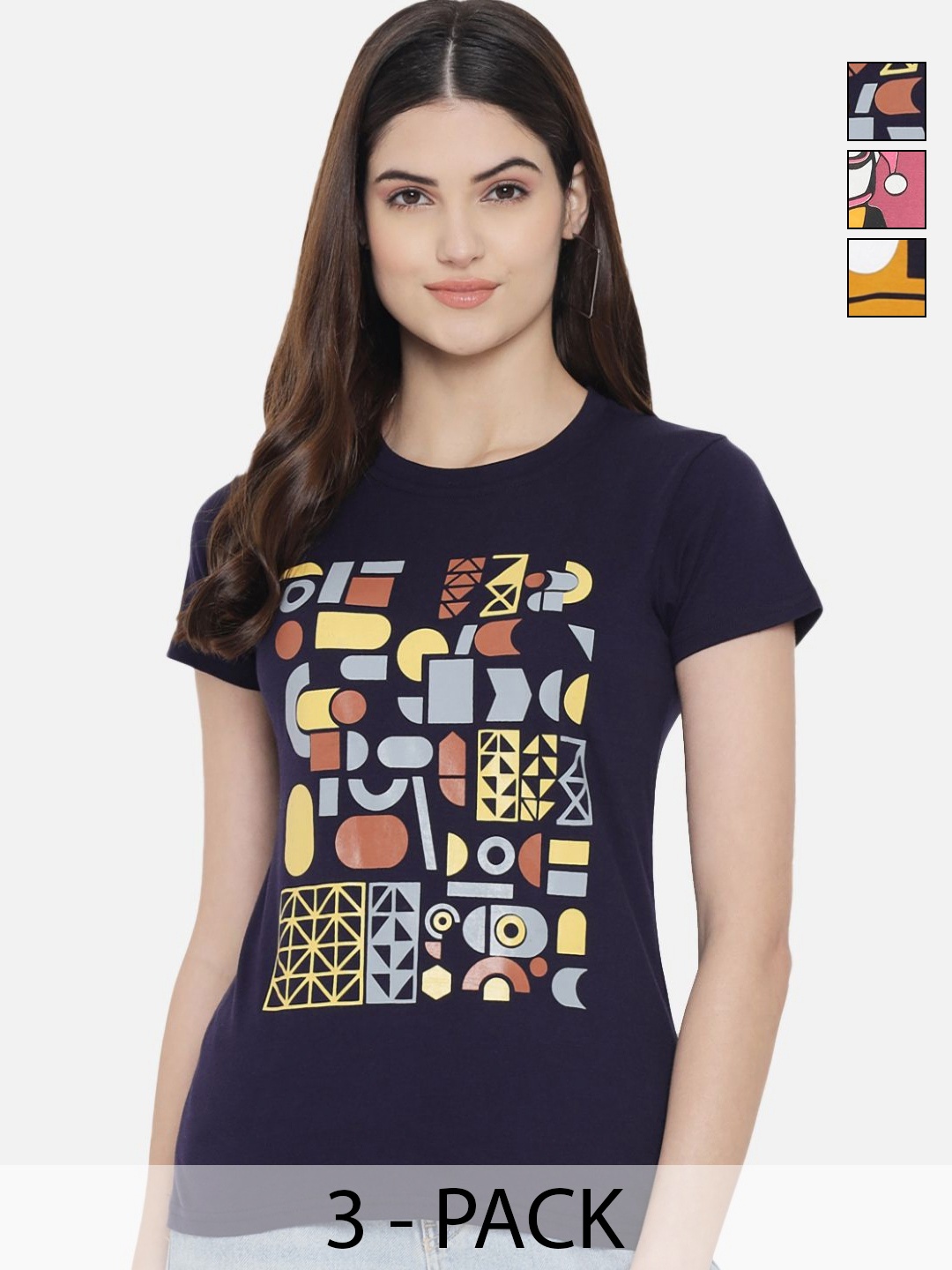 

Dreambe Women Pack Of 3 Graphic Printed Cotton T-shirt, Black