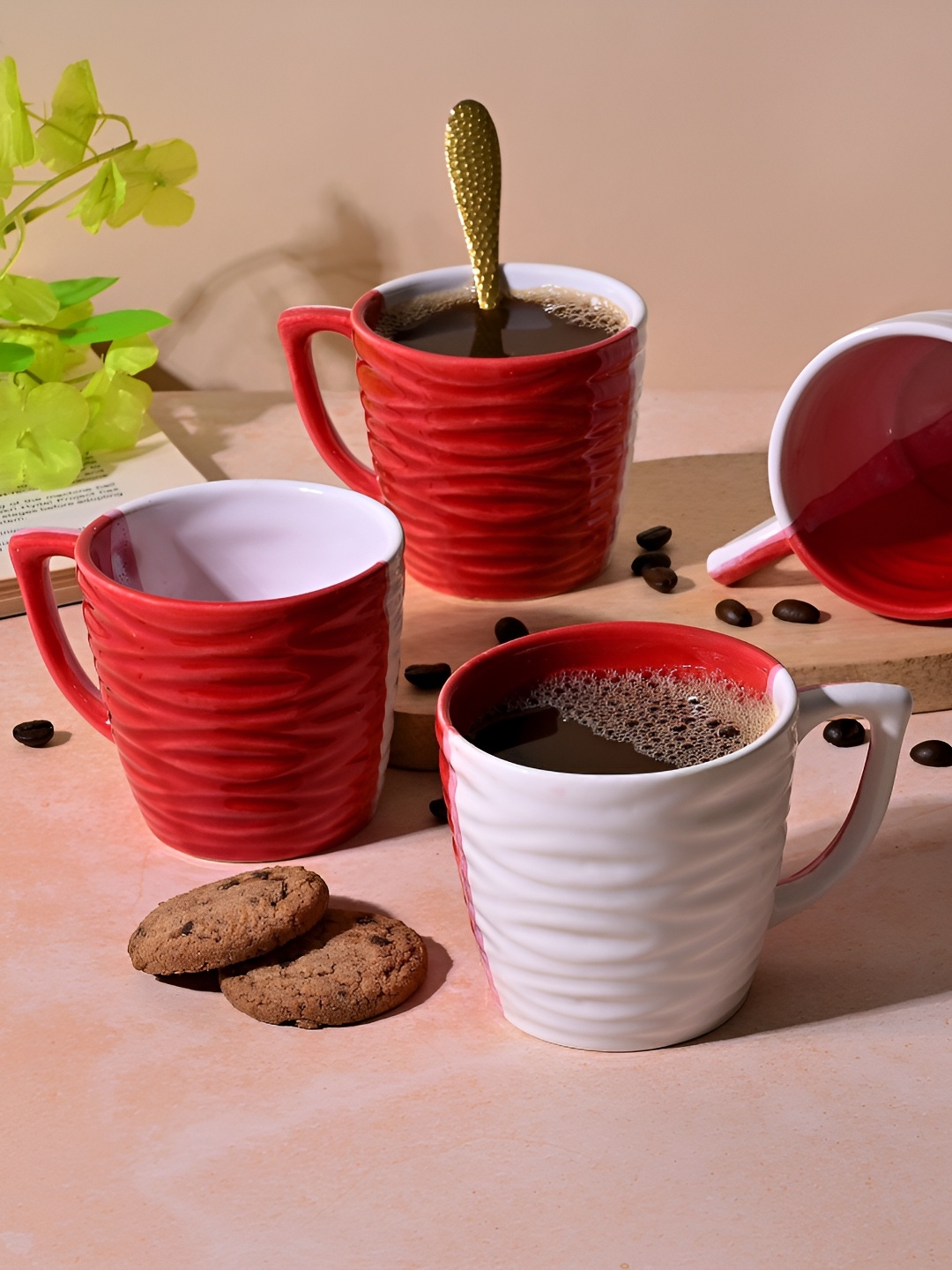 

Storepedia White & Red 4 Pieces Textured Ceramic Matte Cups 150ml