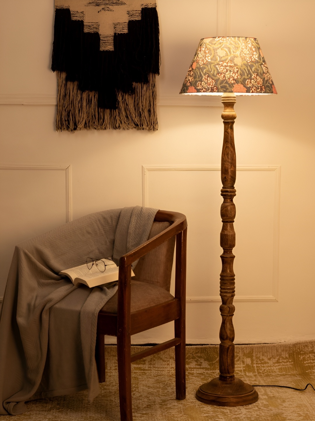 

green girgit Brown & Peach Colored Printed Wooden Frustum Shaped Floor Lamp