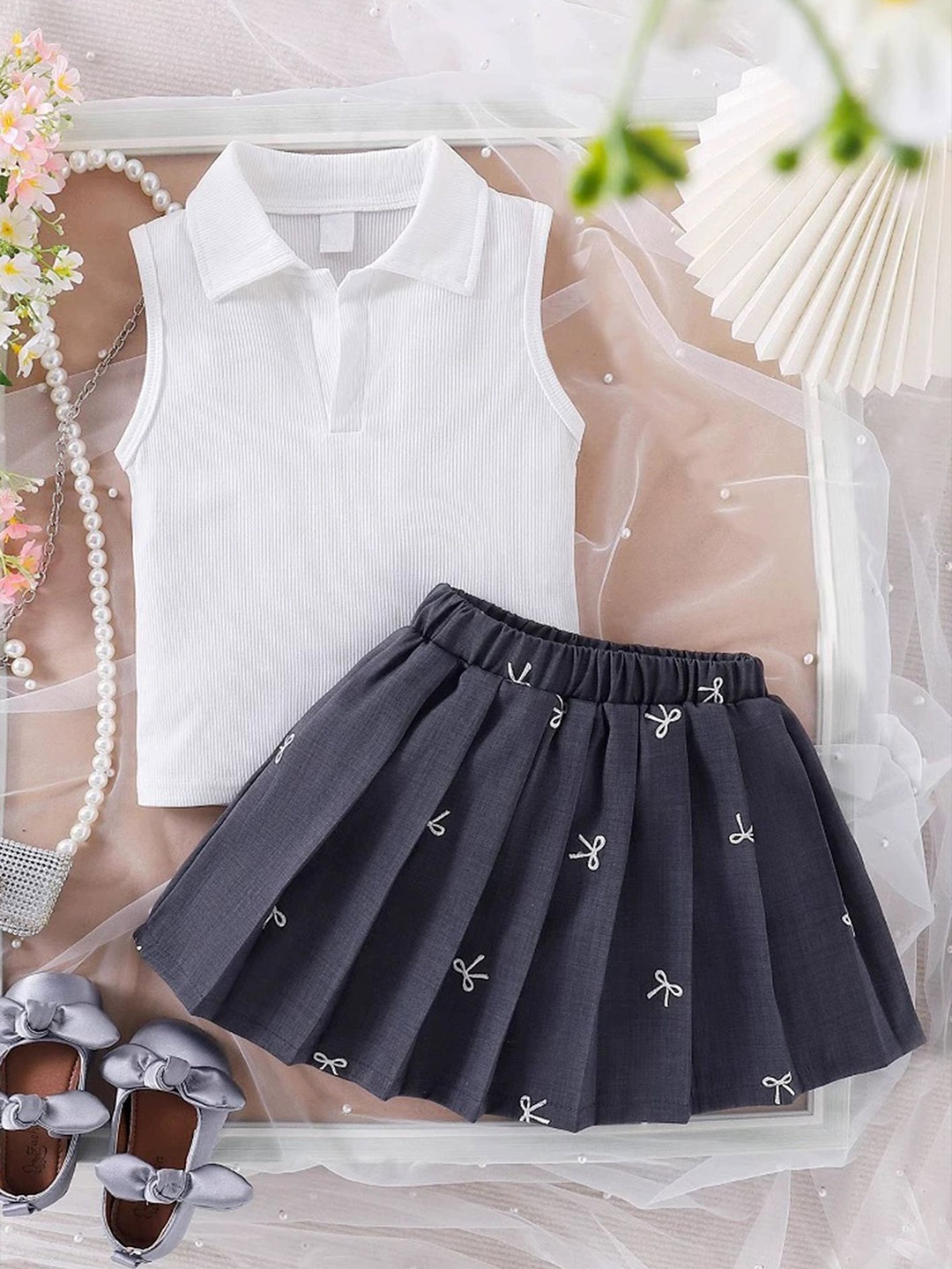 

LULU & SKY Girls Shirt Collar Pure Cotton Top With Skirt, Black