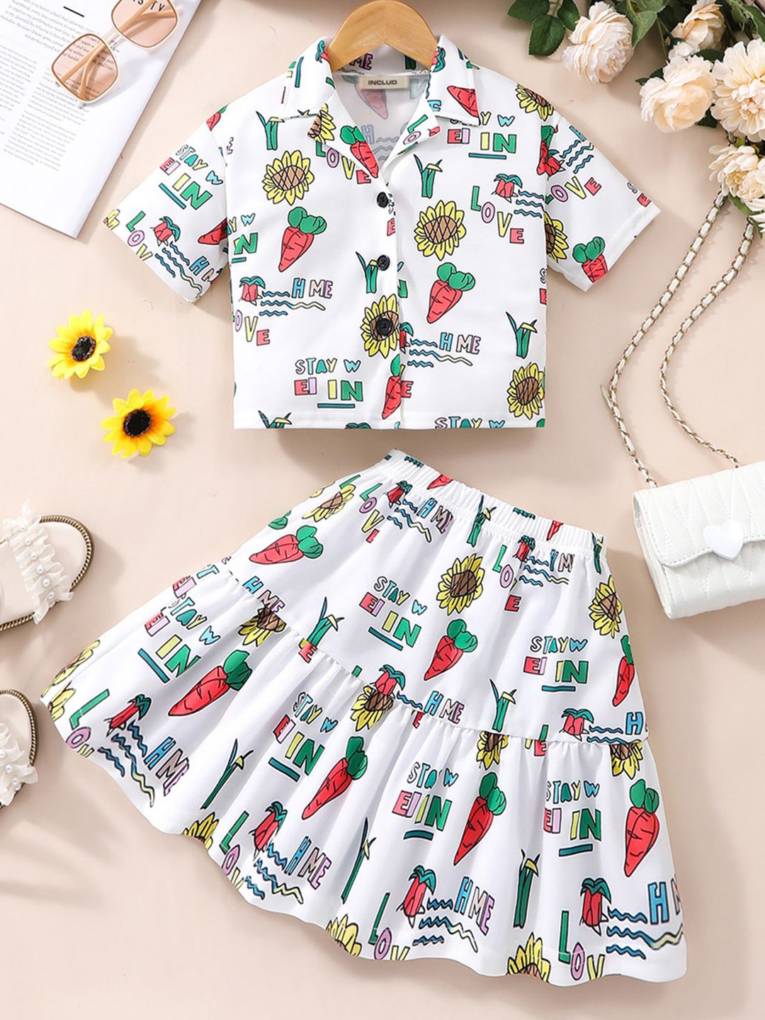 

INCLUD Girls Printed Shirt Collar Shirt With Skirt, White