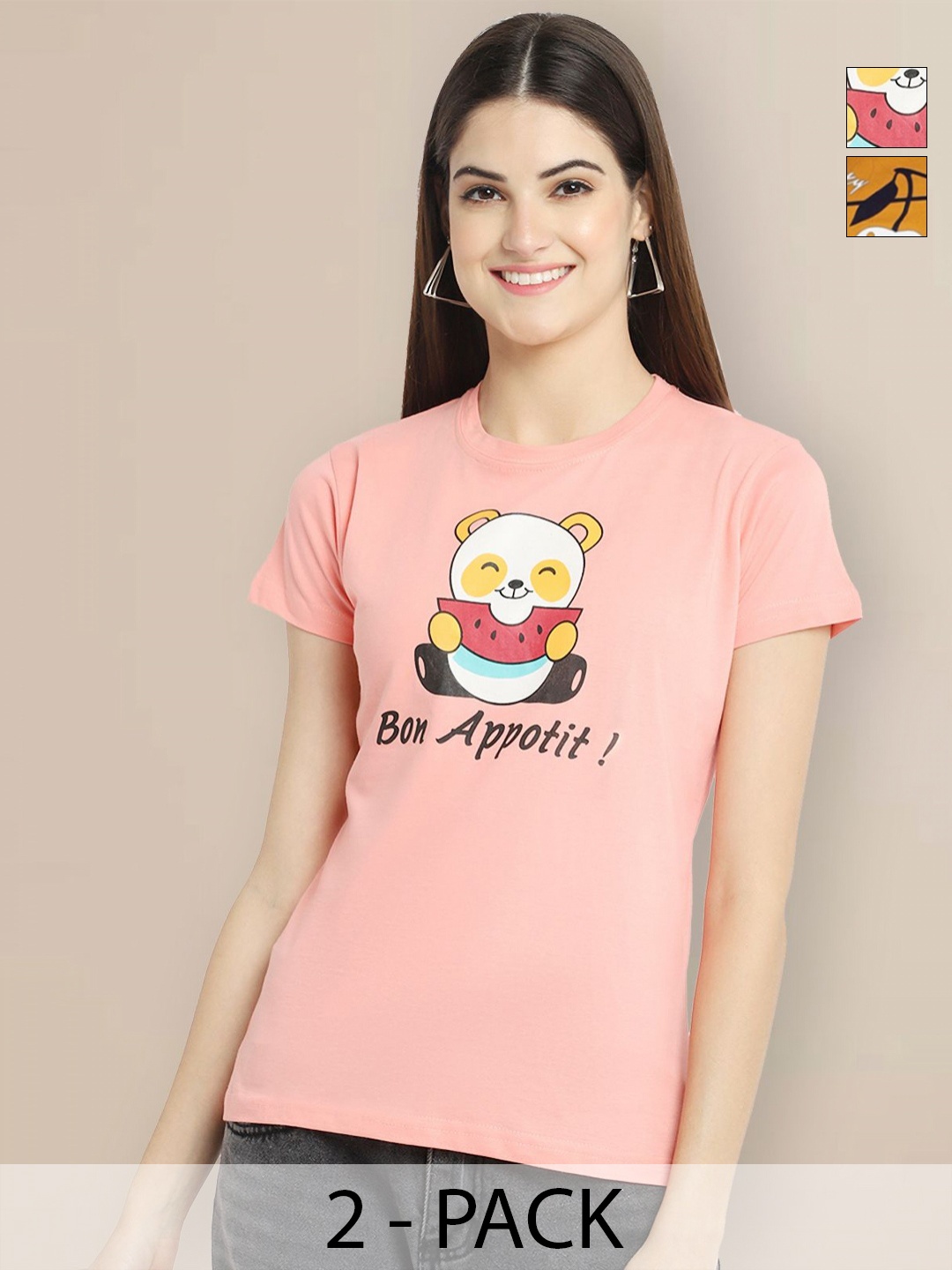 

GLOBAL NOMAD Women Pack of 2 Graphic Printed Round Neck Cotton T-shirts, Peach