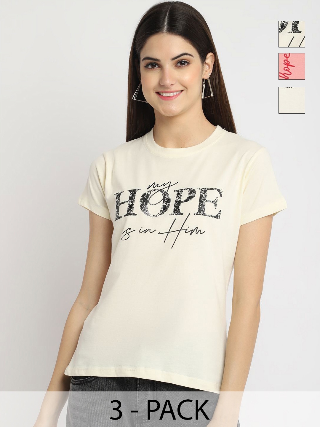 

Dreambe Women Pack of 3 Typography Printed Round Neck Cotton T-shirts, Cream