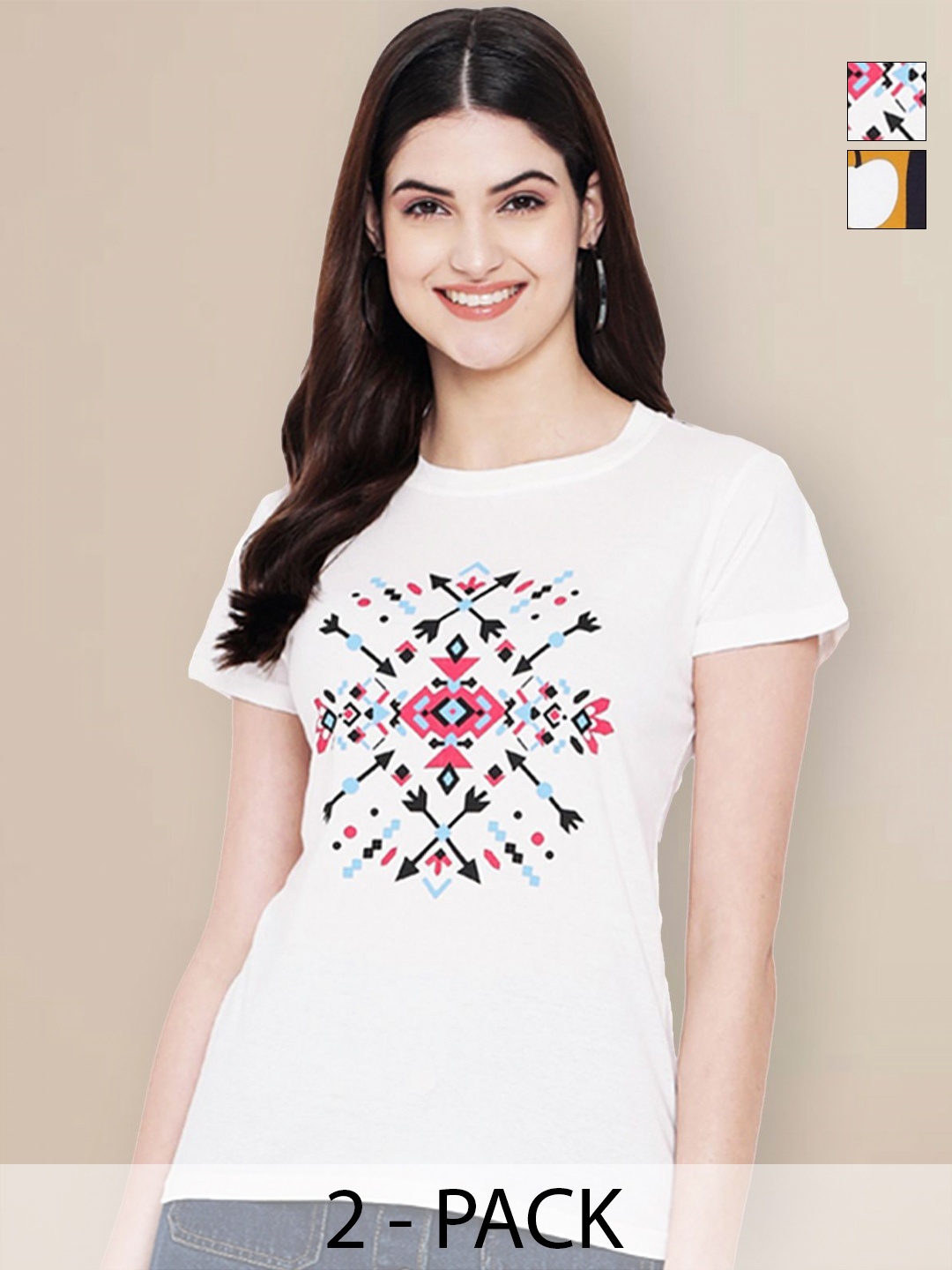 

GLOBAL NOMAD Women Pack of 2 Geometric Printed Round Neck Cotton T-shirts, White
