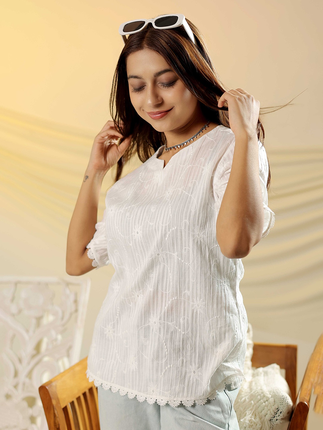 

BEOM Women Striped Cotton Top, White