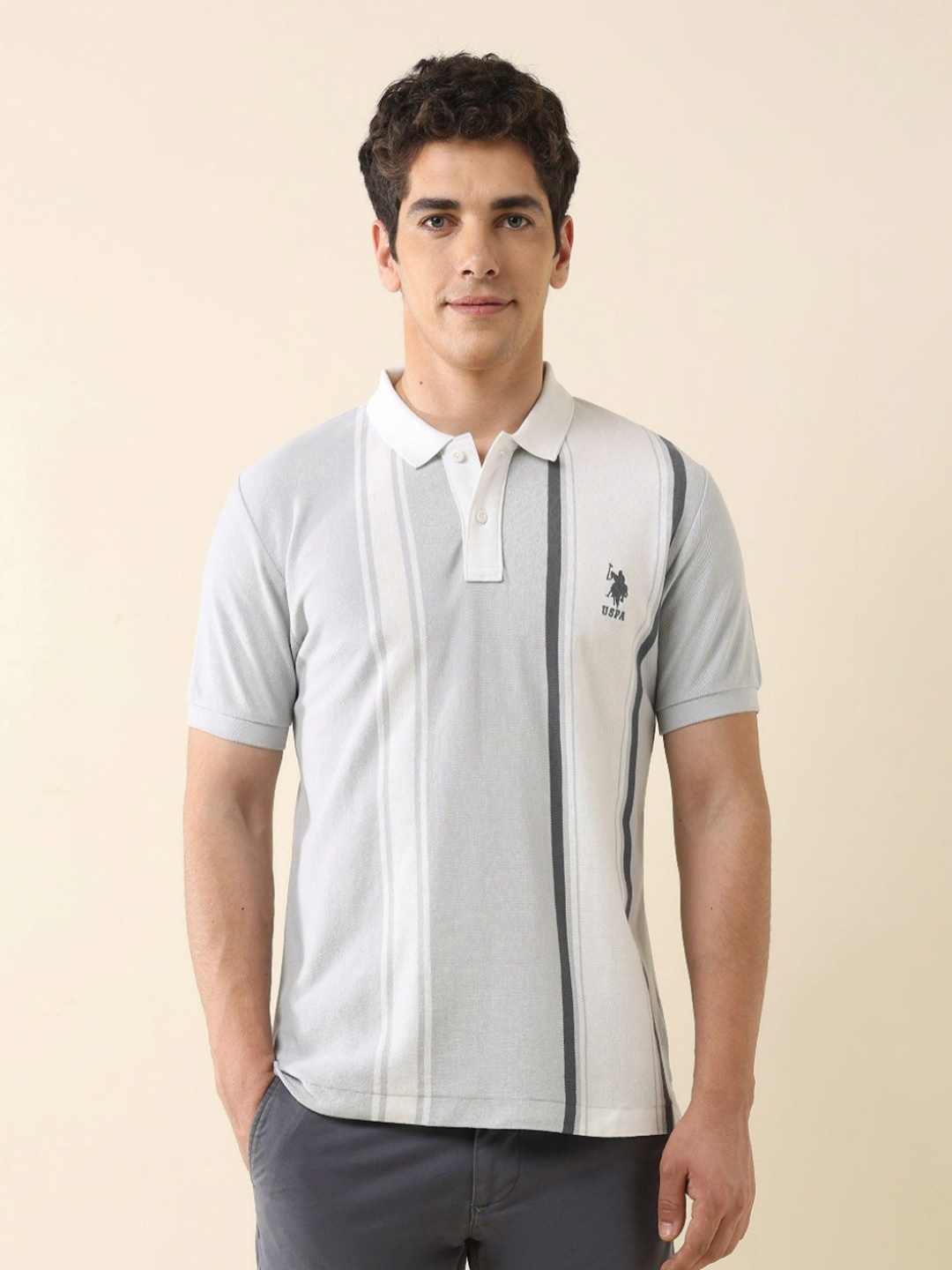 

U.S. Polo Assn. Men Striped Polo Collar Cotton Slim Fit T-shirt, Grey