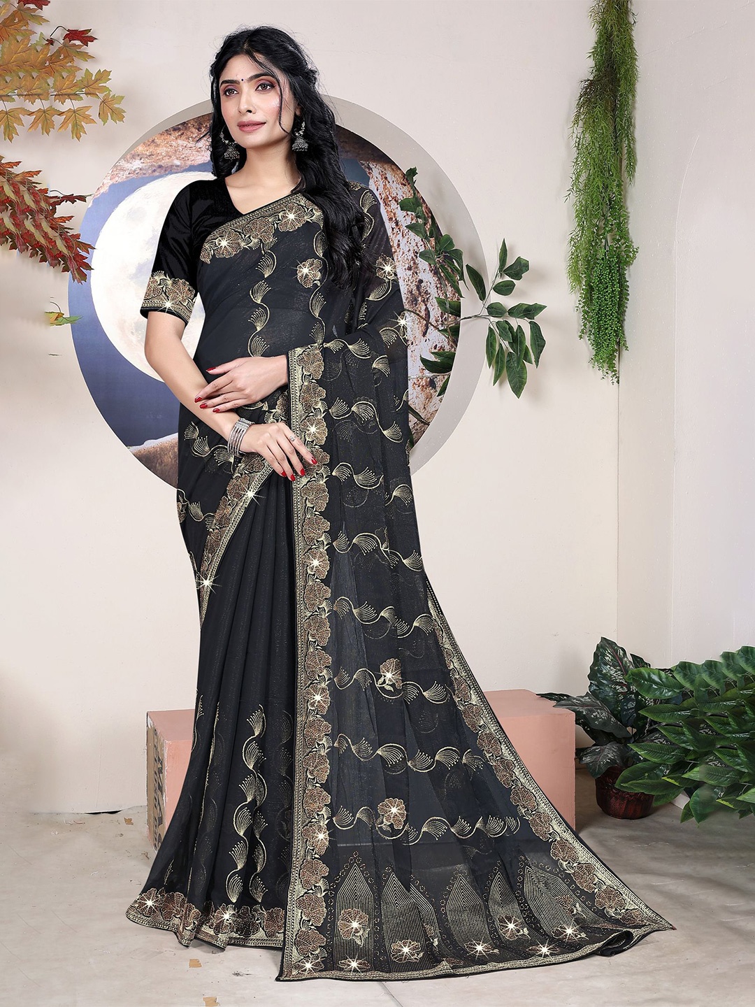 

ANJANI TEXTILE Ethnic Motifs Beads and Stones Tissue Saree, Black