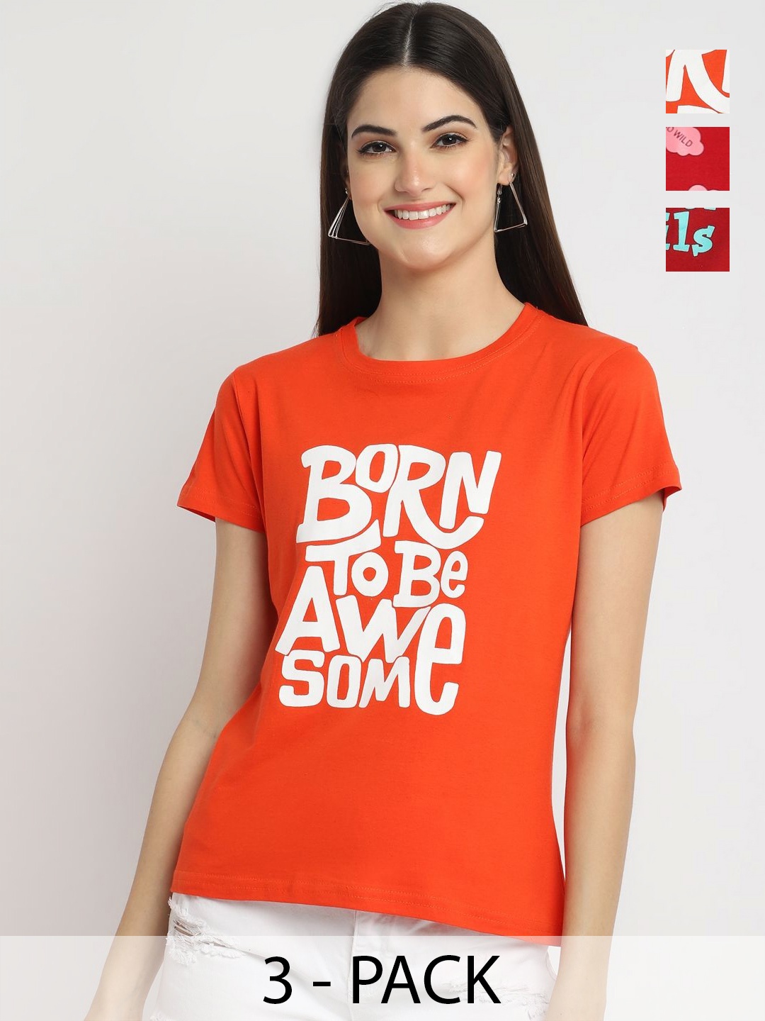 

Dreambe Women Pack of 3 Typography Printed Round Neck Cotton T-shirts, Orange
