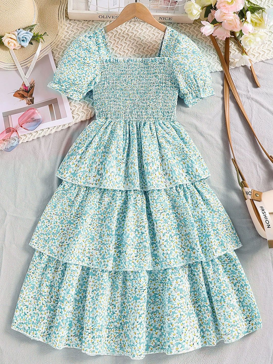 

INCLUD Girls Floral Print Layered Fit & Flare Dress, Green