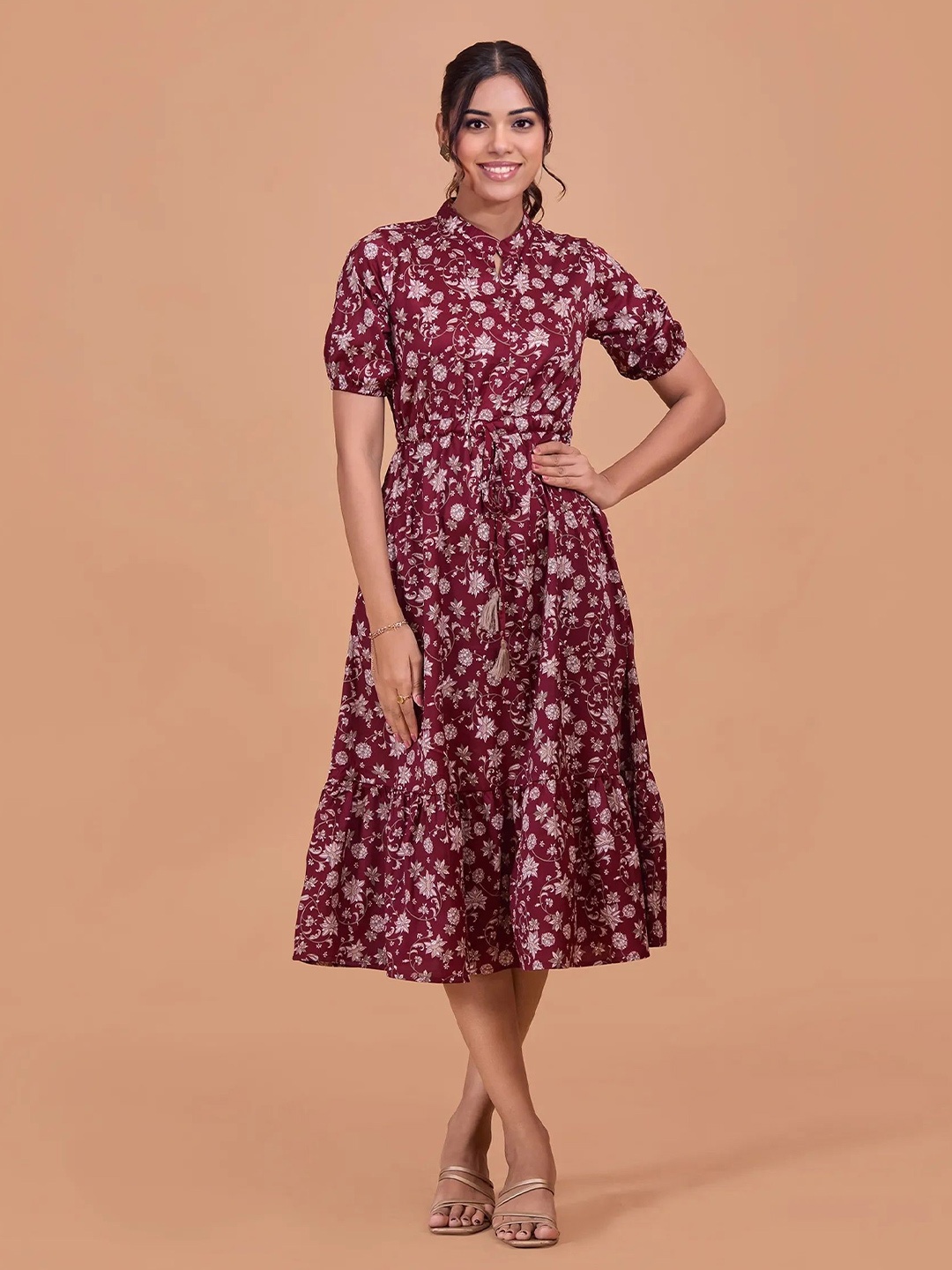 

all about you Ethnic Motifs Print Puff Sleeve Cotton Fit & Flare Midi Dress, Maroon