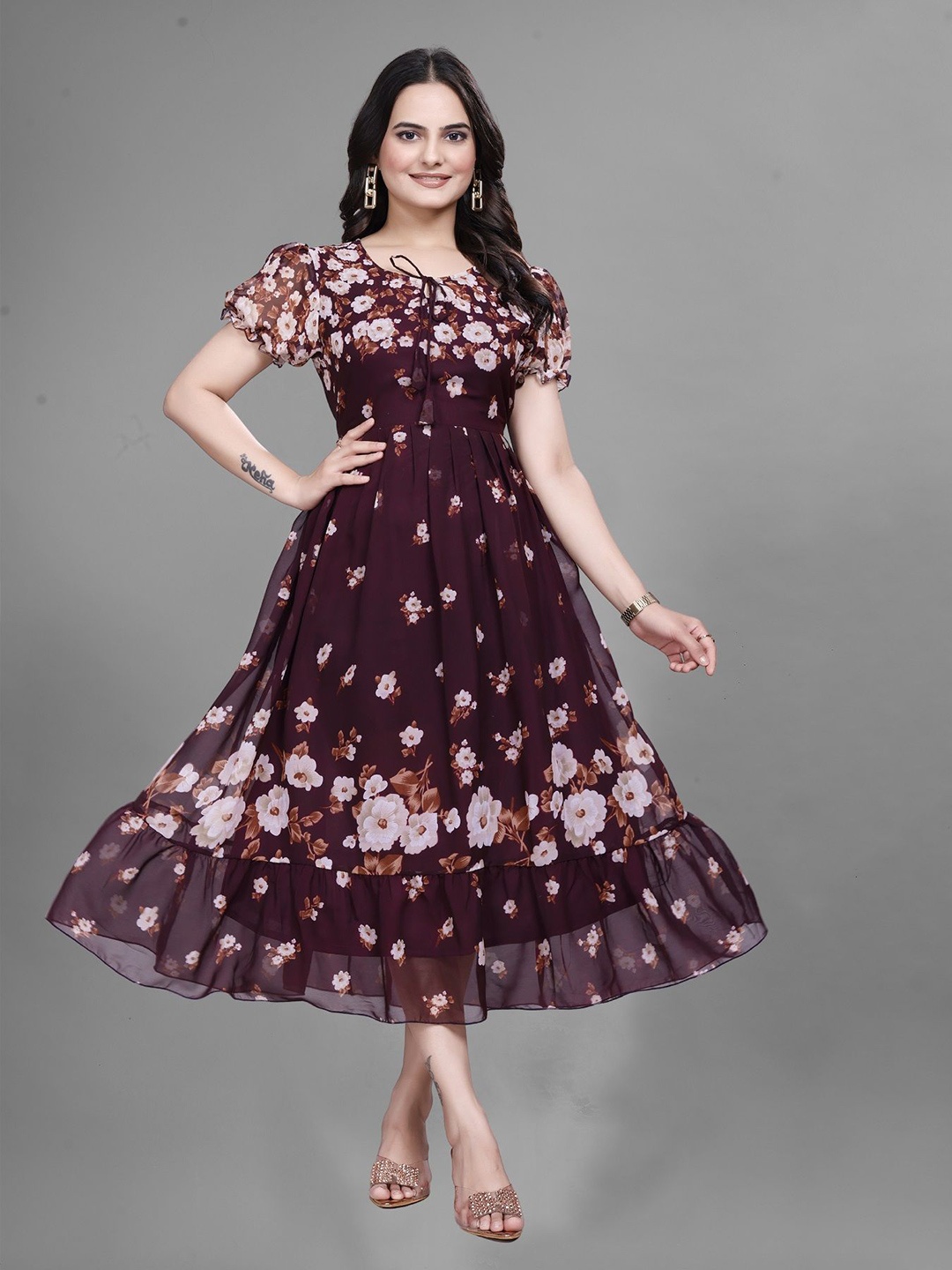 

KRISHTI CREATION Floral Print Puff Sleeve Georgette Fit & Flare Maxi Dress, Maroon