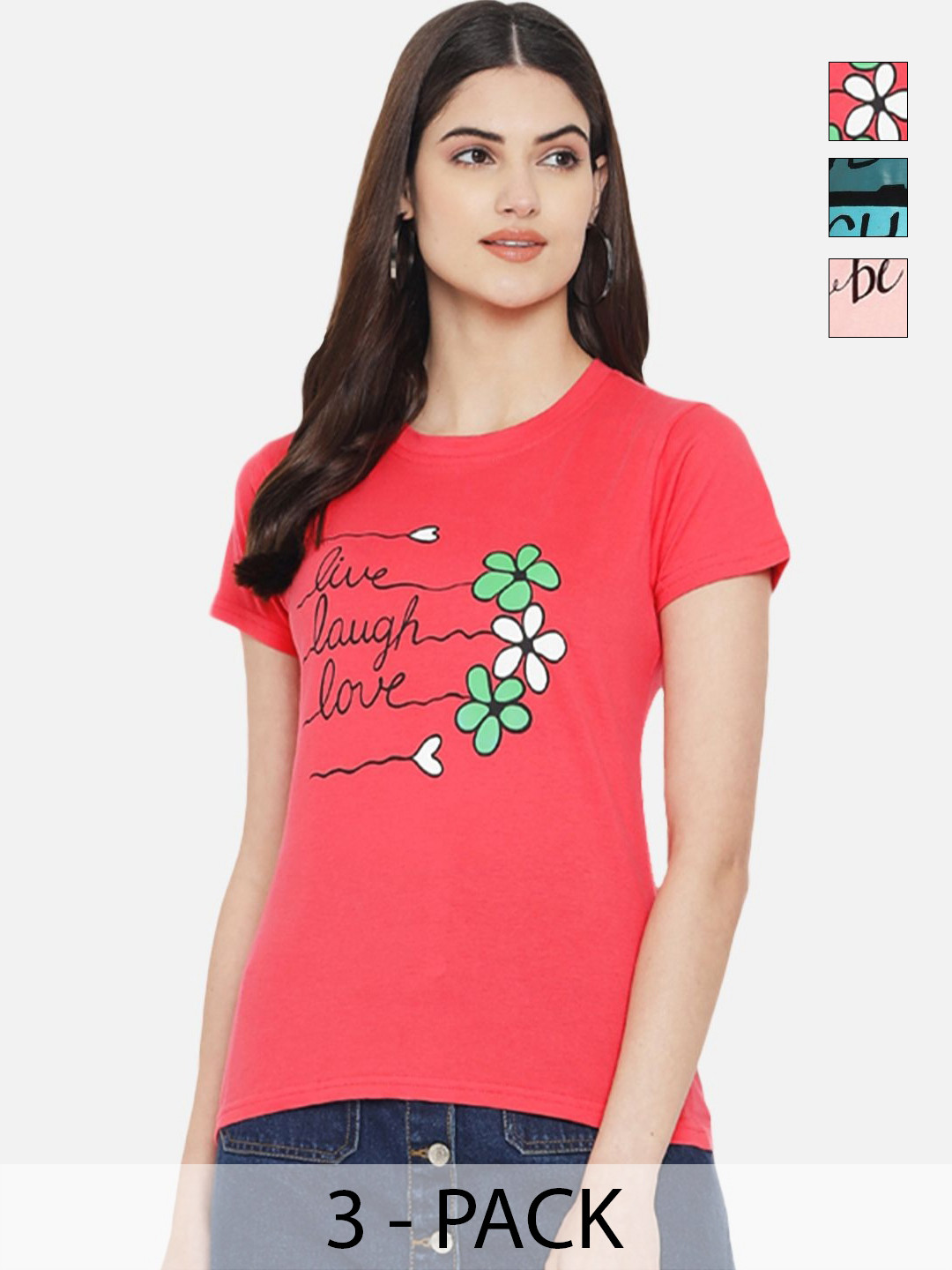 

Dreambe Women Pack of 3 Typography Printed Round Neck Cotton T-shirts, Pink