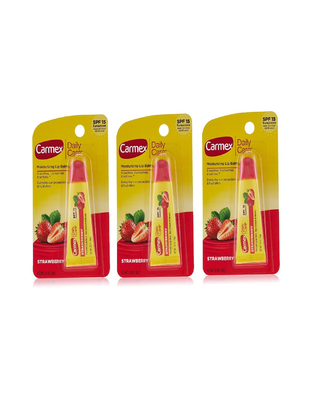 

CARMEX Set Of 3 Strawberry Lip Balm Tube With SPF 15 For Moisturizing - 10 g Each, Yellow