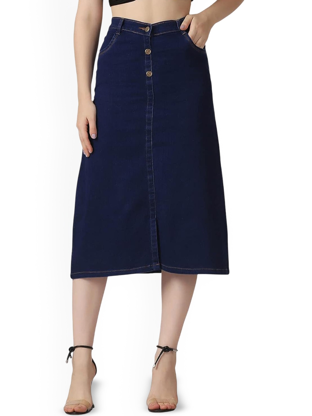 

Tripursundari Fashion Woman Denim Straight Midi Skirt, Navy blue
