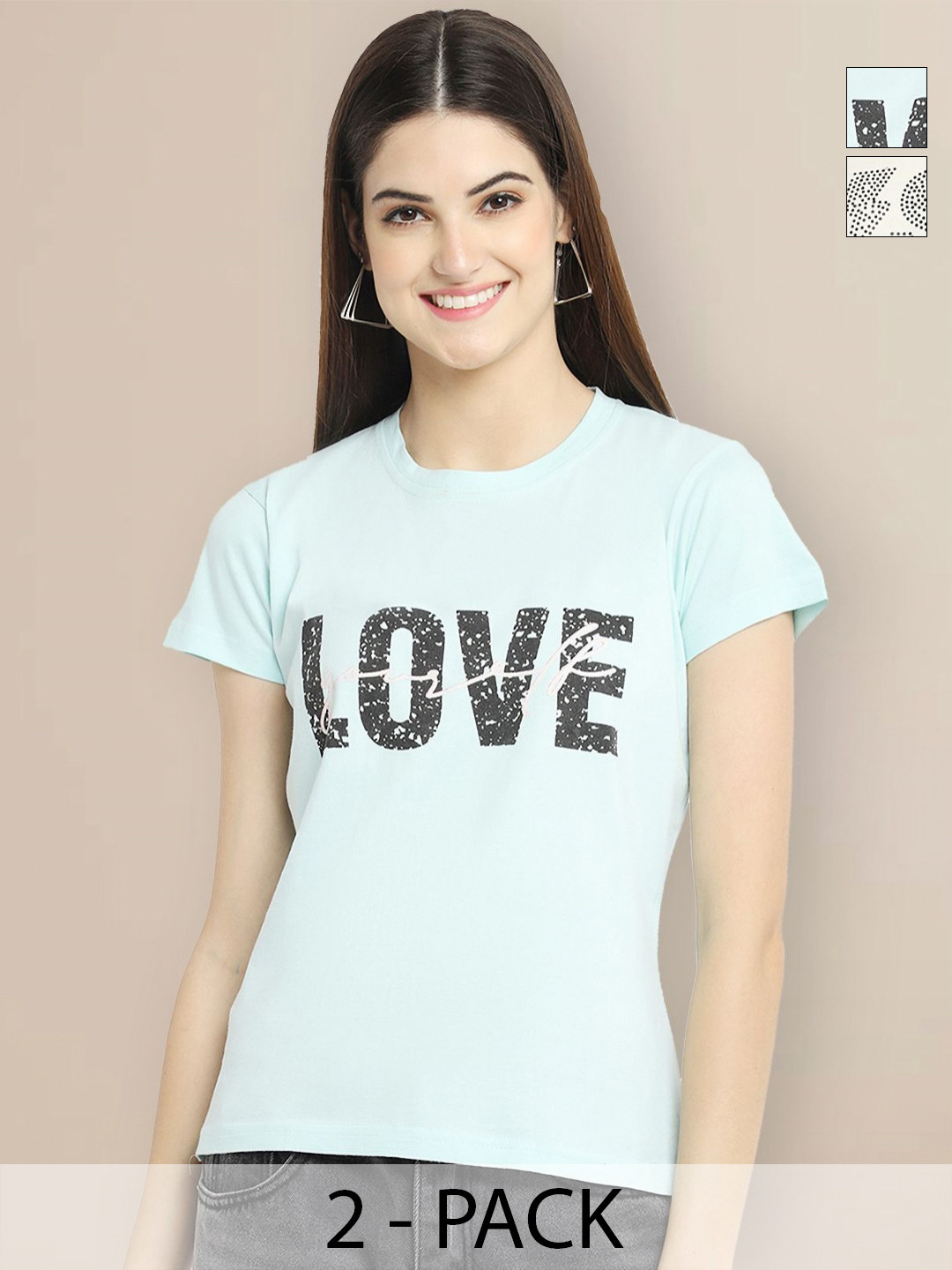 

GLOBAL NOMAD Women Pack of 2 Typography Printed Round Neck Cotton T-shirts, Turquoise blue