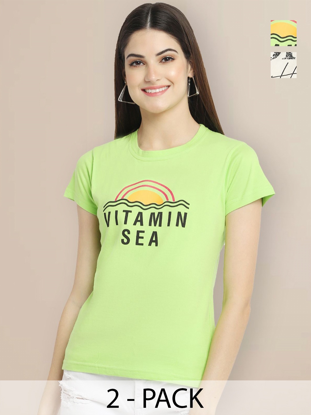 

GLOBAL NOMAD Women Pack of 2 Typography Printed Round Neck Cotton T-shirts, Green