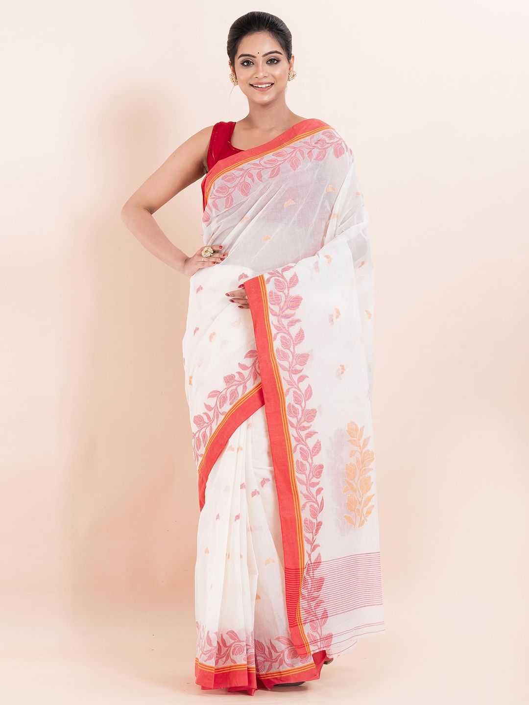 

PUKU Ethnic Motifs Pure Cotton Saree, Off white