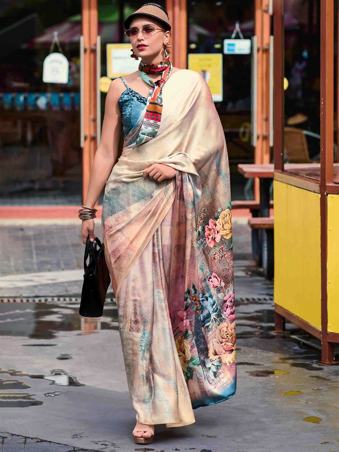 

Mitera Floral Printed Satin Saree, Beige