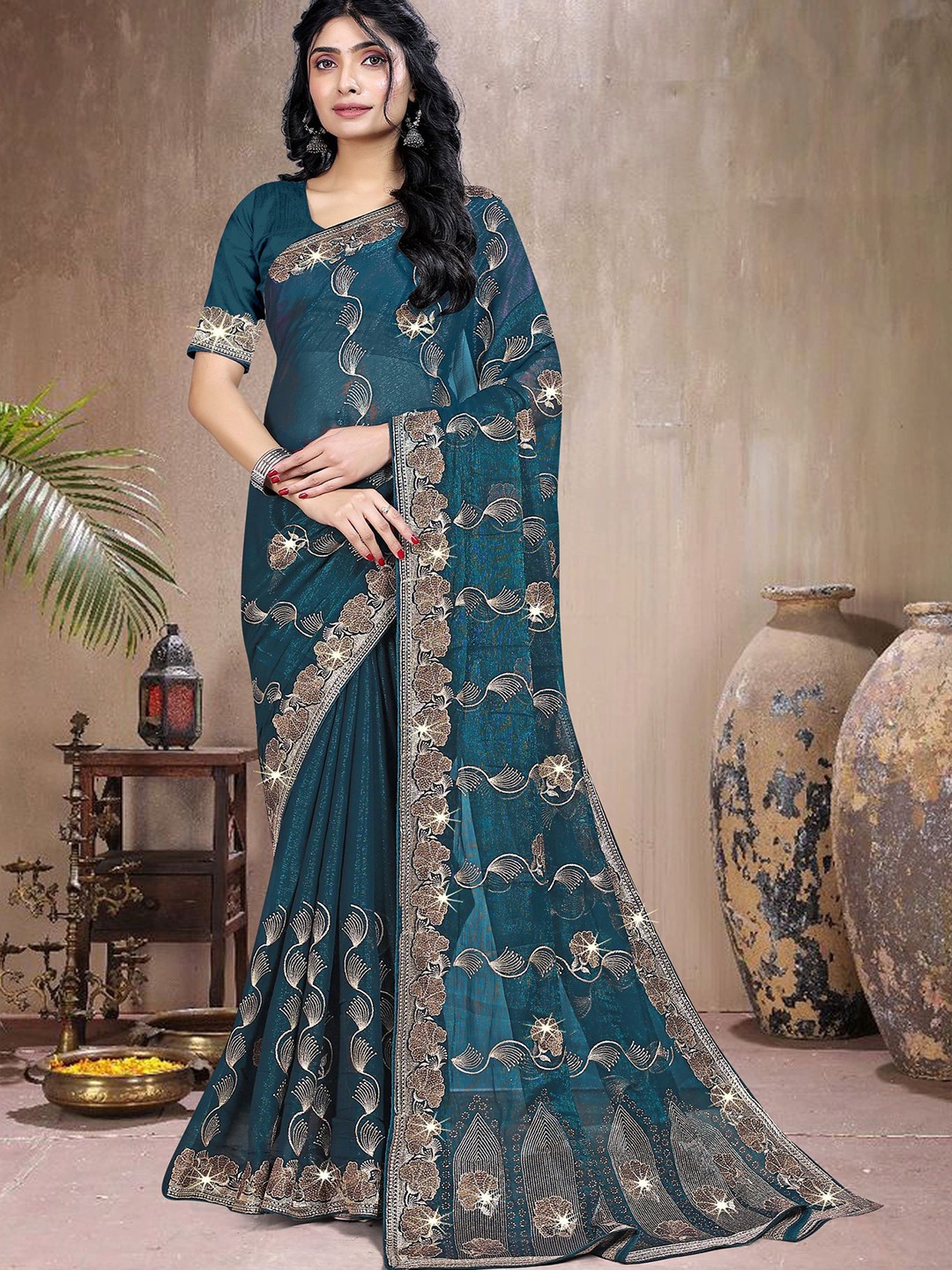 

ANJANI TEXTILE Ethnic Motifs Beads and Stones Tissue Heavy Work Saree, Turquoise blue