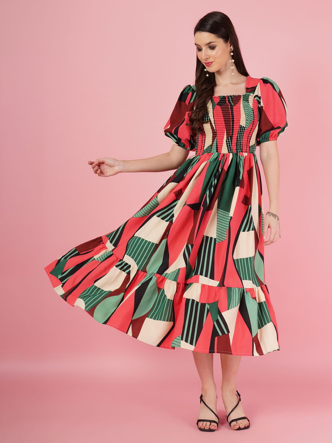 

OTABU Print Bell Sleeve Fit and Flare Maxi Dress, Red