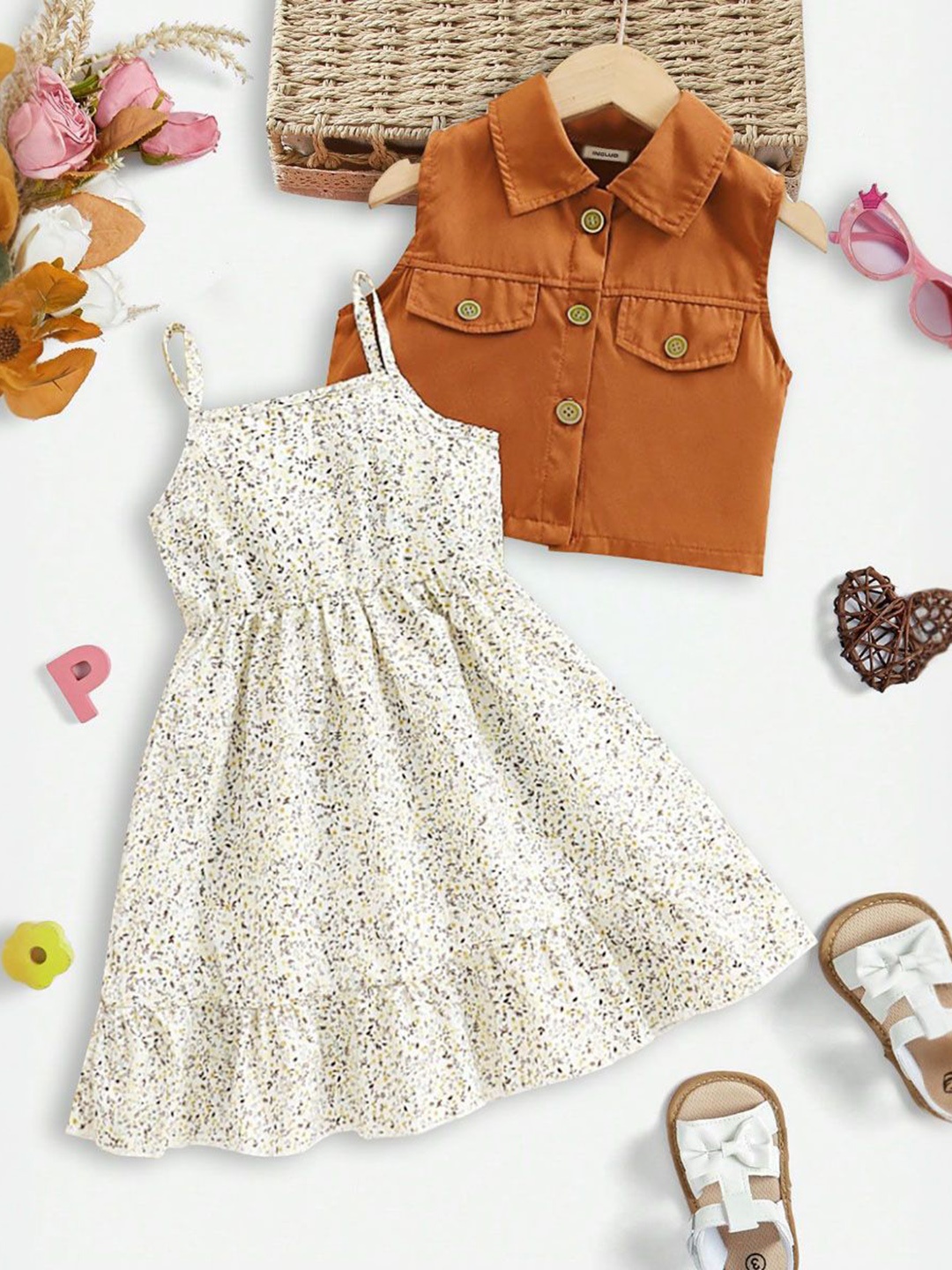 

INCLUD Girl Floral Print Shoulder Straps Fit & Flare Dress, Brown
