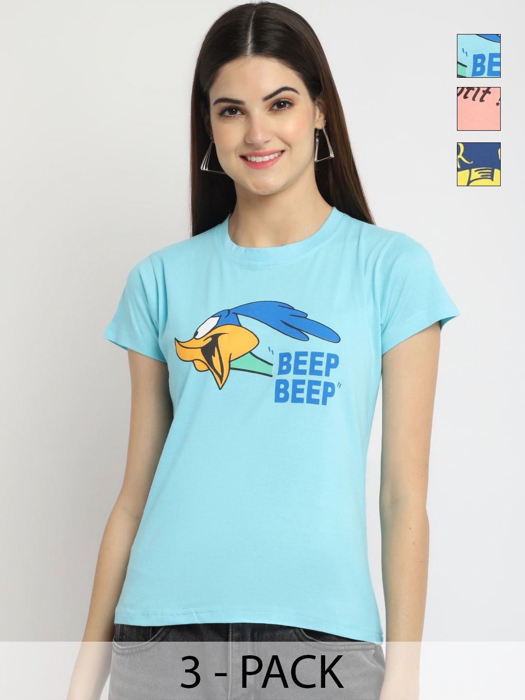 

Dreambe Women Pack of 3 Looney Tunes Graphic Printed Round Neck Cotton T-shirts, Blue