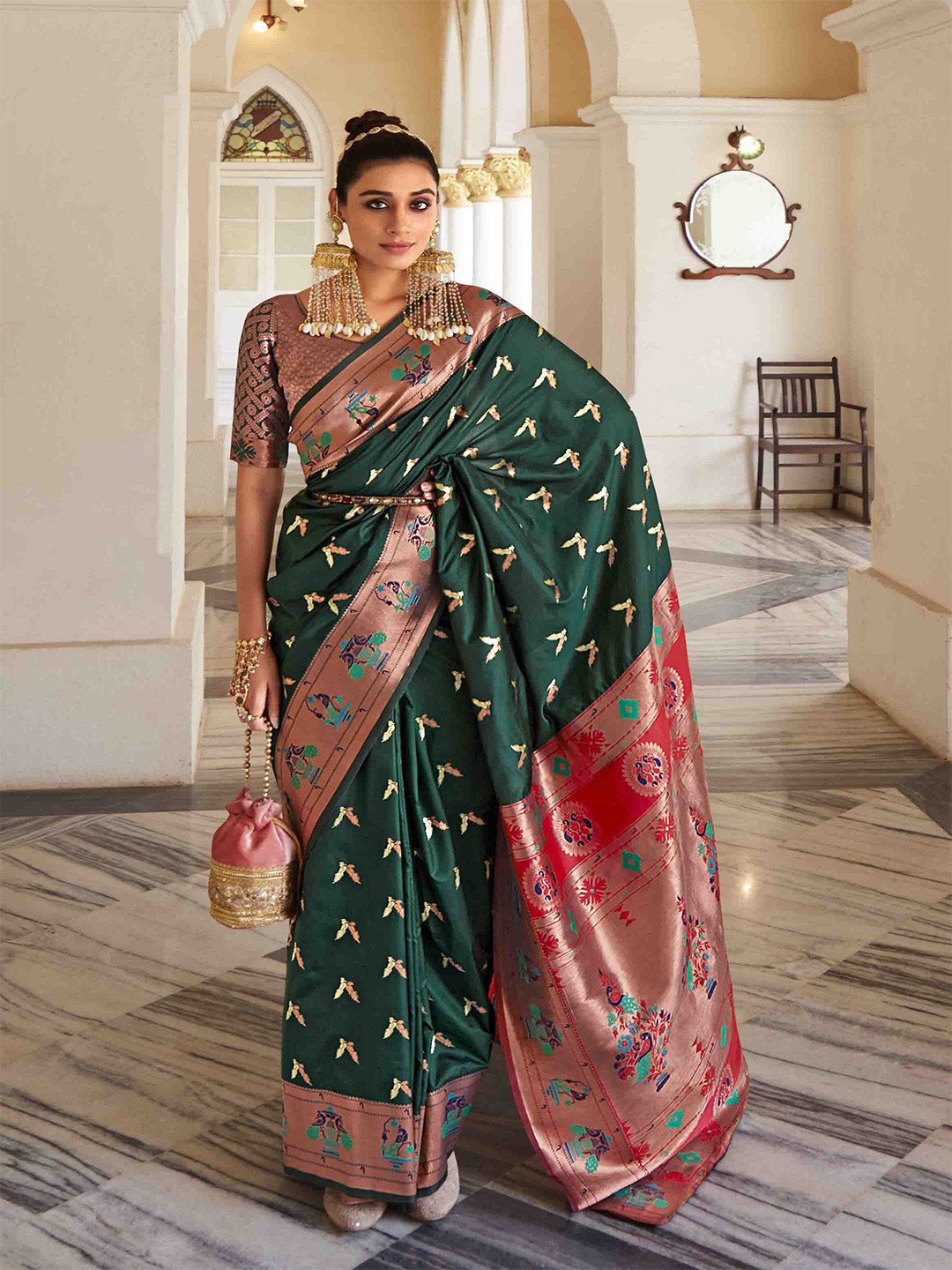 

KIMISHA Woven Design Zari Pure Georgette Paithani Saree, Green