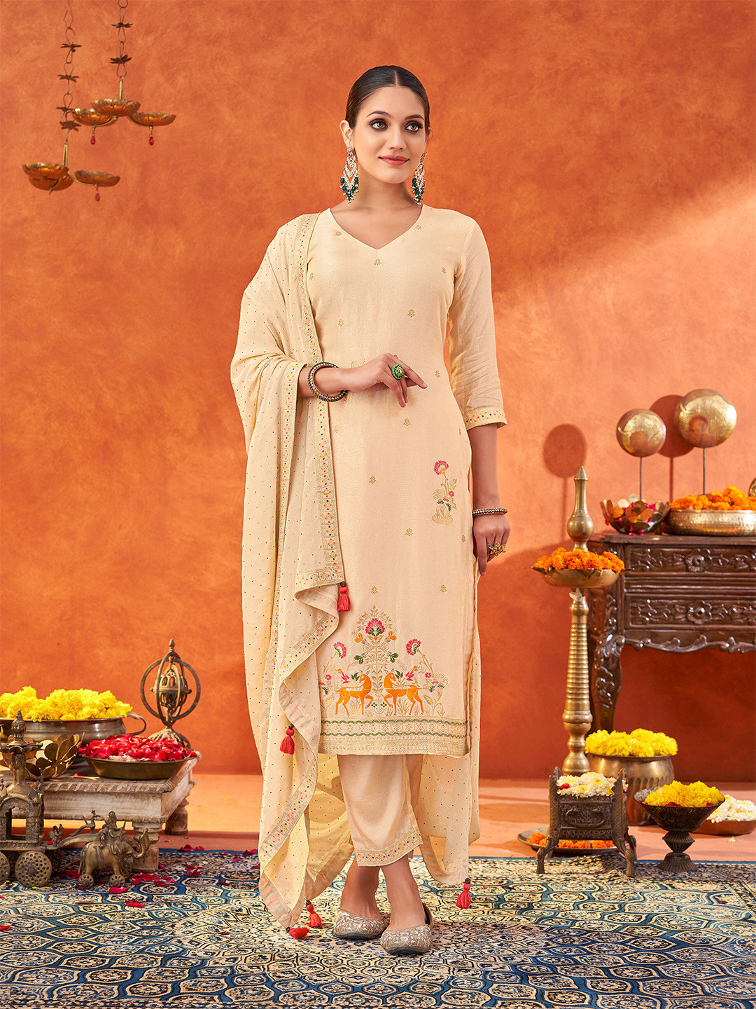 

KALIN Floral Woven Design V-Neck Straight Pure Silk Kurta With Trousers And Dupatta, Cream