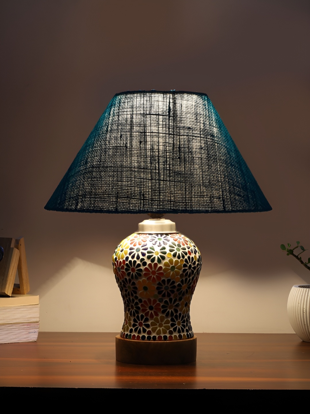 

Devansh Turquoise Blue Textured Frustum Shaped Wooden Table Lamp