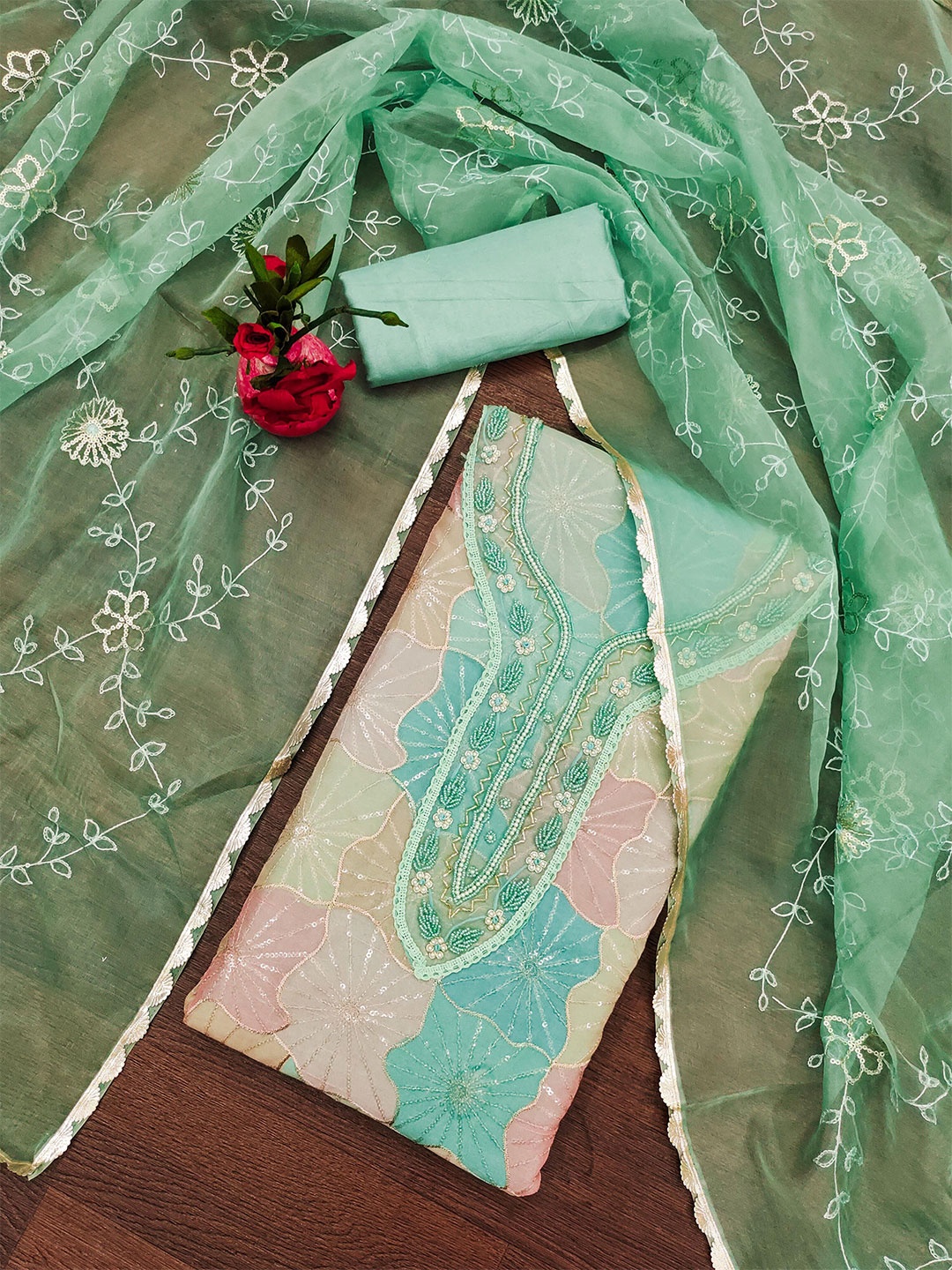 

SHADOW & SAINING Floral Beads & Stones Embroidered Organza Semi-Stitched Dress Material, Green