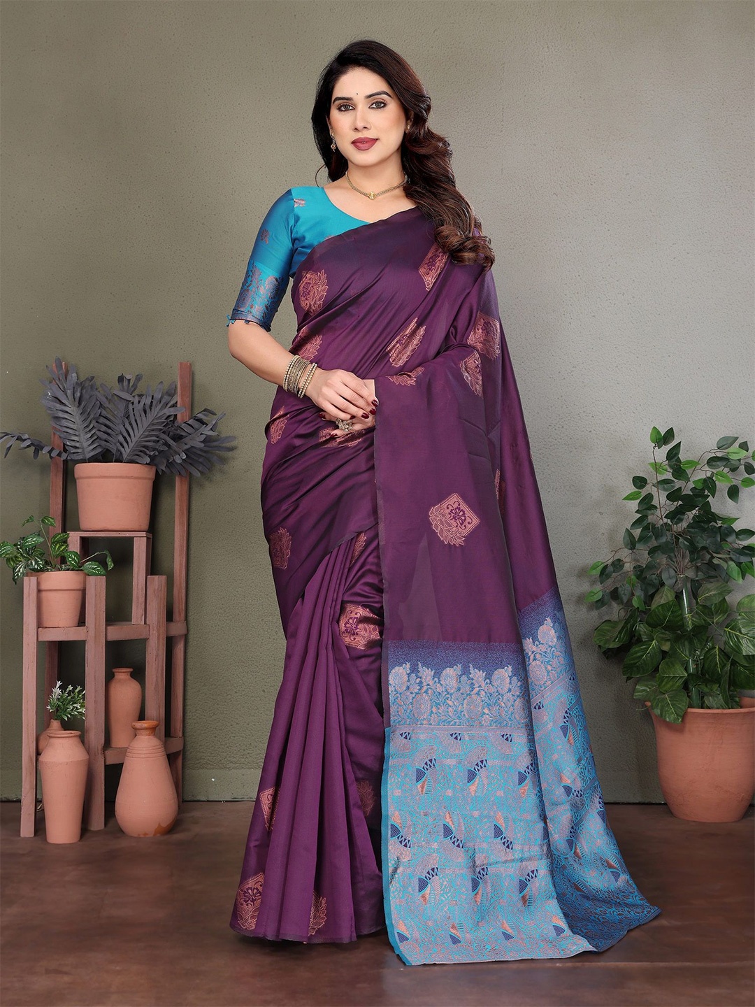 

ROOP SUNDARI SAREES Woven Design Zari Pure Silk Banarasi Saree, Purple