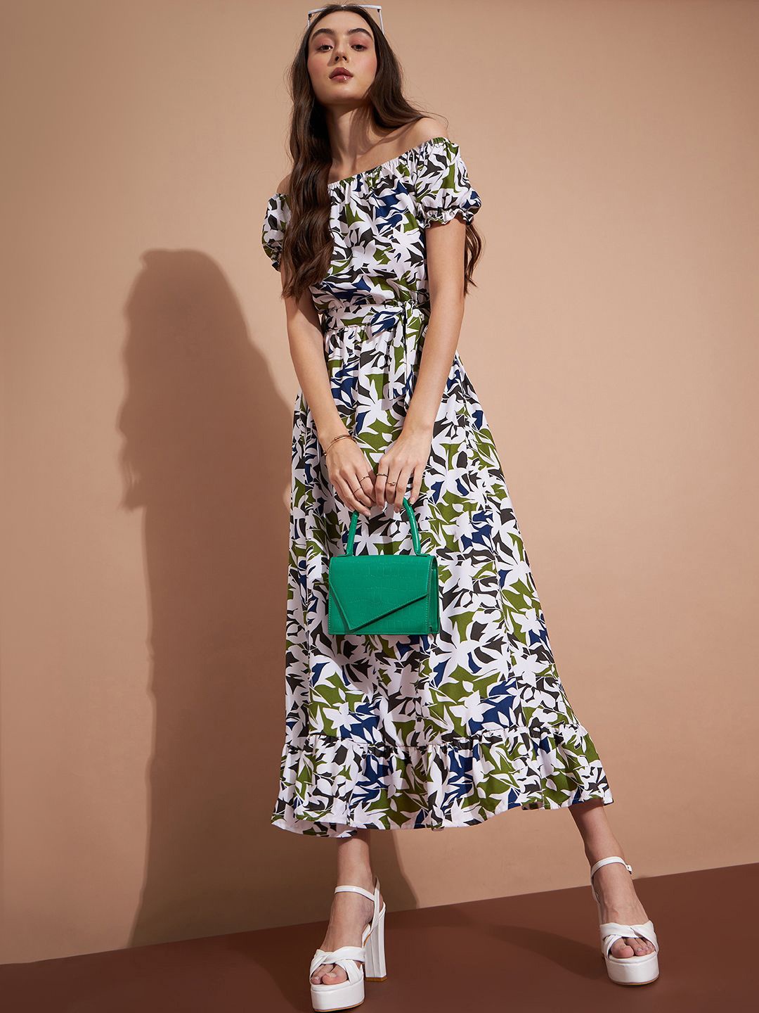 

CORSICA Floral Print Off-Shoulder Puff Sleeve Crepe A-Line Midi Dress, White