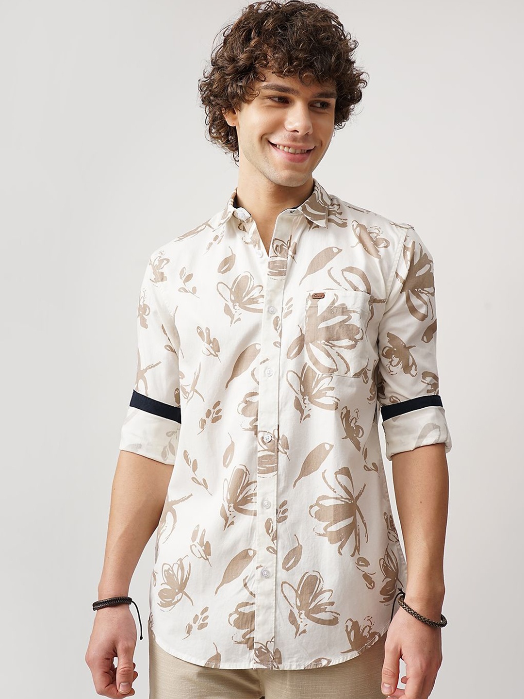 

Genoa Men Classic Slim Fit Floral Opaque Printed Casual Shirt, Brown