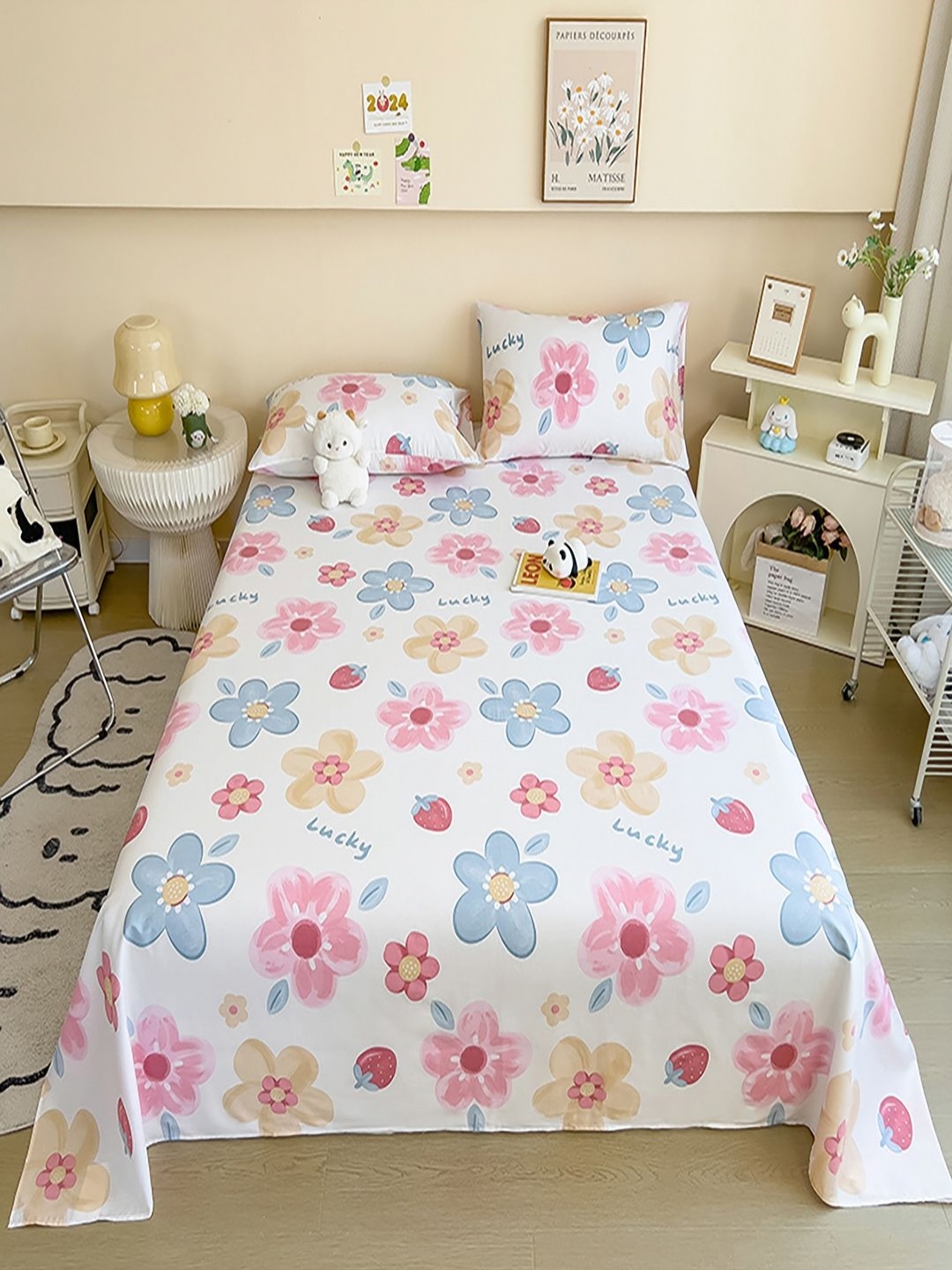

JC HOME White & Pink Printed 220 TC Pure Cotton King Bedsheet Set- 2.0 m x 2.3 m
