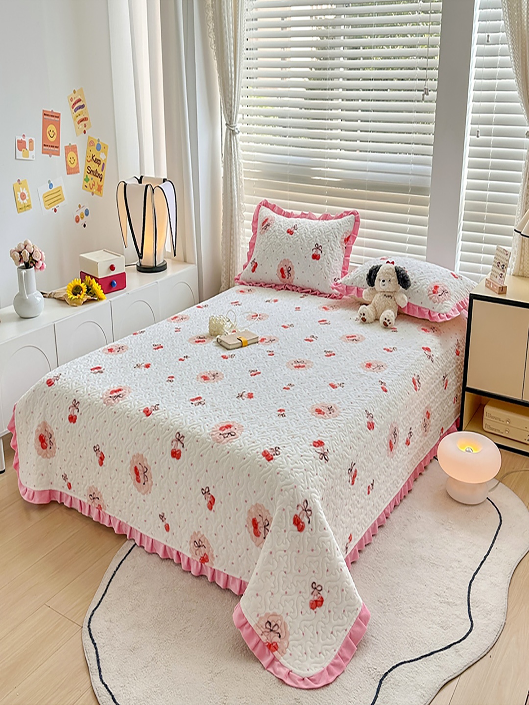 

JC HOME Pink & White Printed Cotton Double King Bed & Pillow Cover