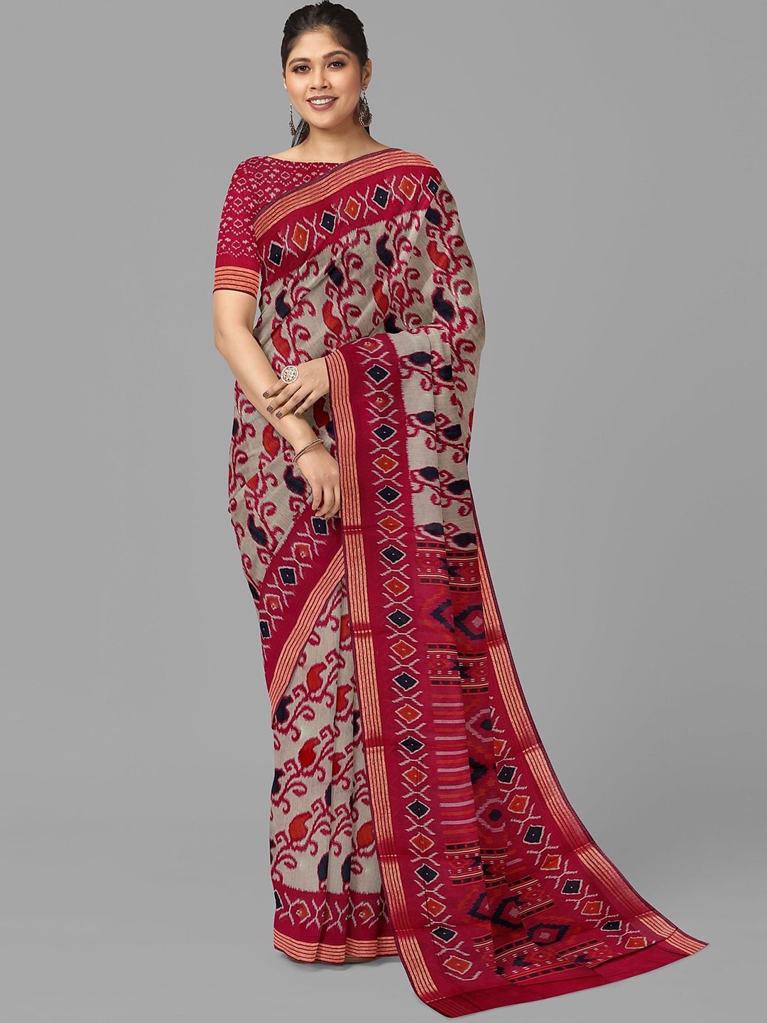 

The Chennai Silks Ethnic Motifs Pure Cotton Chanderi Fusion Saree, Beige