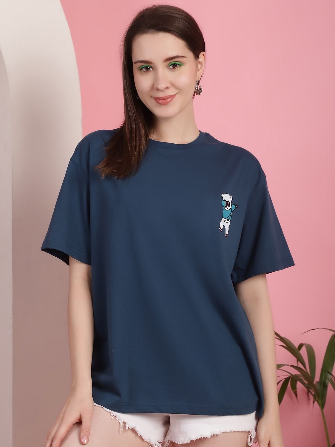 

Metronaut Women Graphic Printed Round Neck Cotton Oversized T-shirt, Navy blue