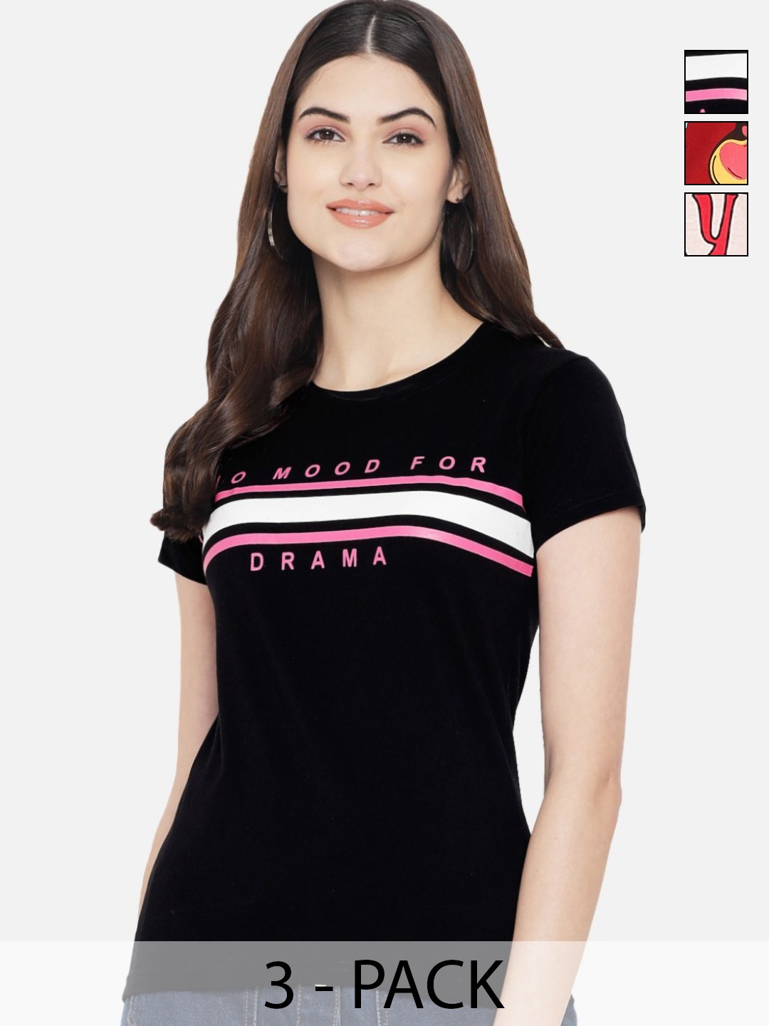 

Dreambe Women Pack of 3 Typography Printed Round Neck Cotton T-shirts, Black