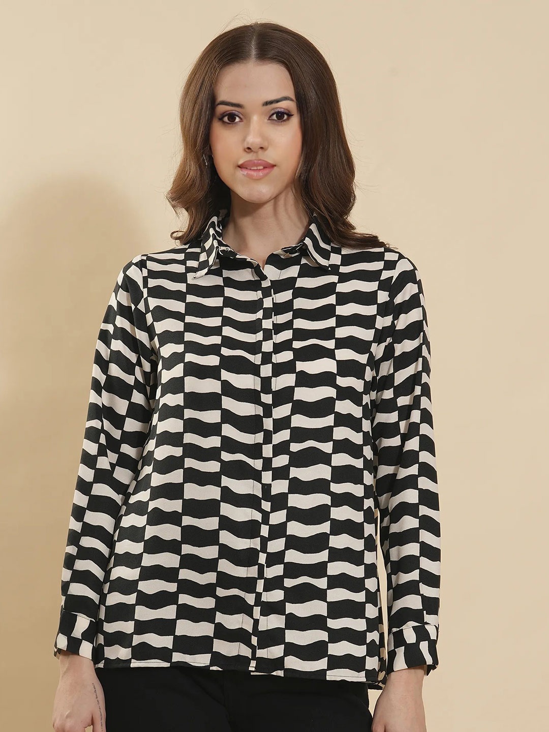 

all about you Women Relaxed Fit Spread Collar Abstract Printed Casual Shirt, Black