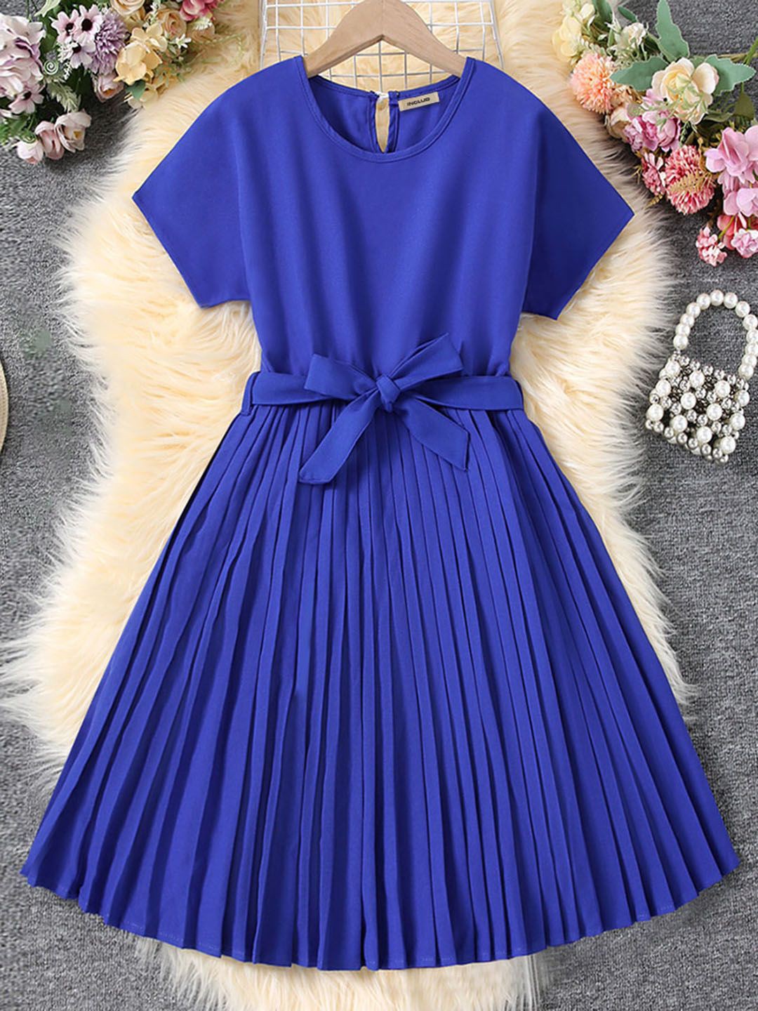 

INCLUD Girls Round Neck Fit & Flare Dress, Blue