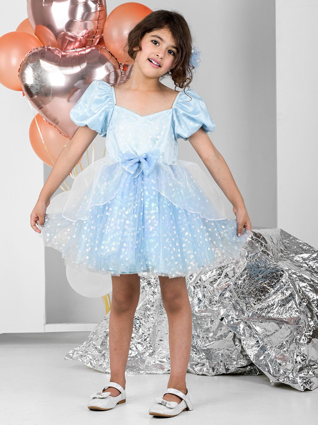 

Foreverkidz Girls Flutter Sleeve Net A-Line Ready to Wear Dress, Blue