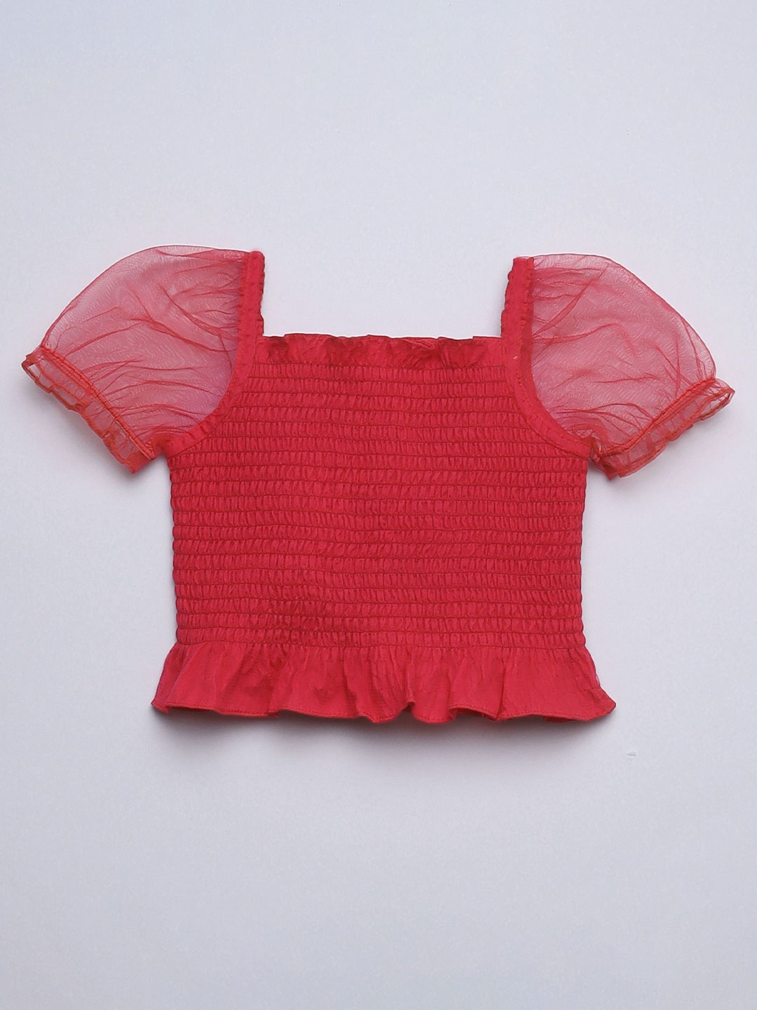 

taffykids Girls Smocking Puff Sleeve Peplum Top, Coral