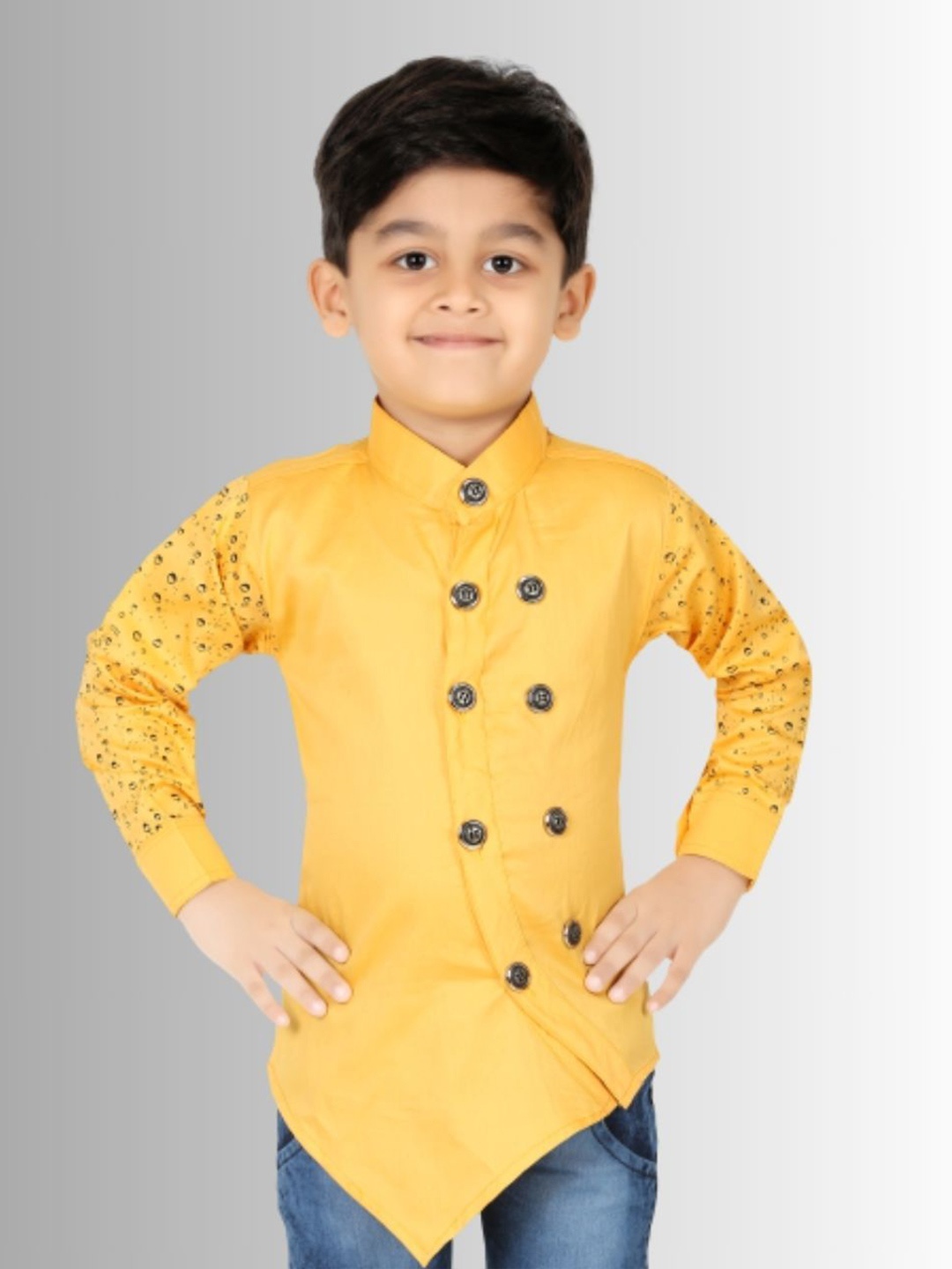 

BAESD Boys Classic Fit Band Collar Abstract Printed Cotton Casual Shirt, Yellow