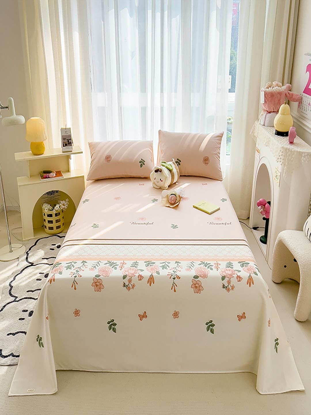 

JC HOME Pink & Green Floral Printed 140 TC King Bedsheet Set- 2.0 m x 2.4 m